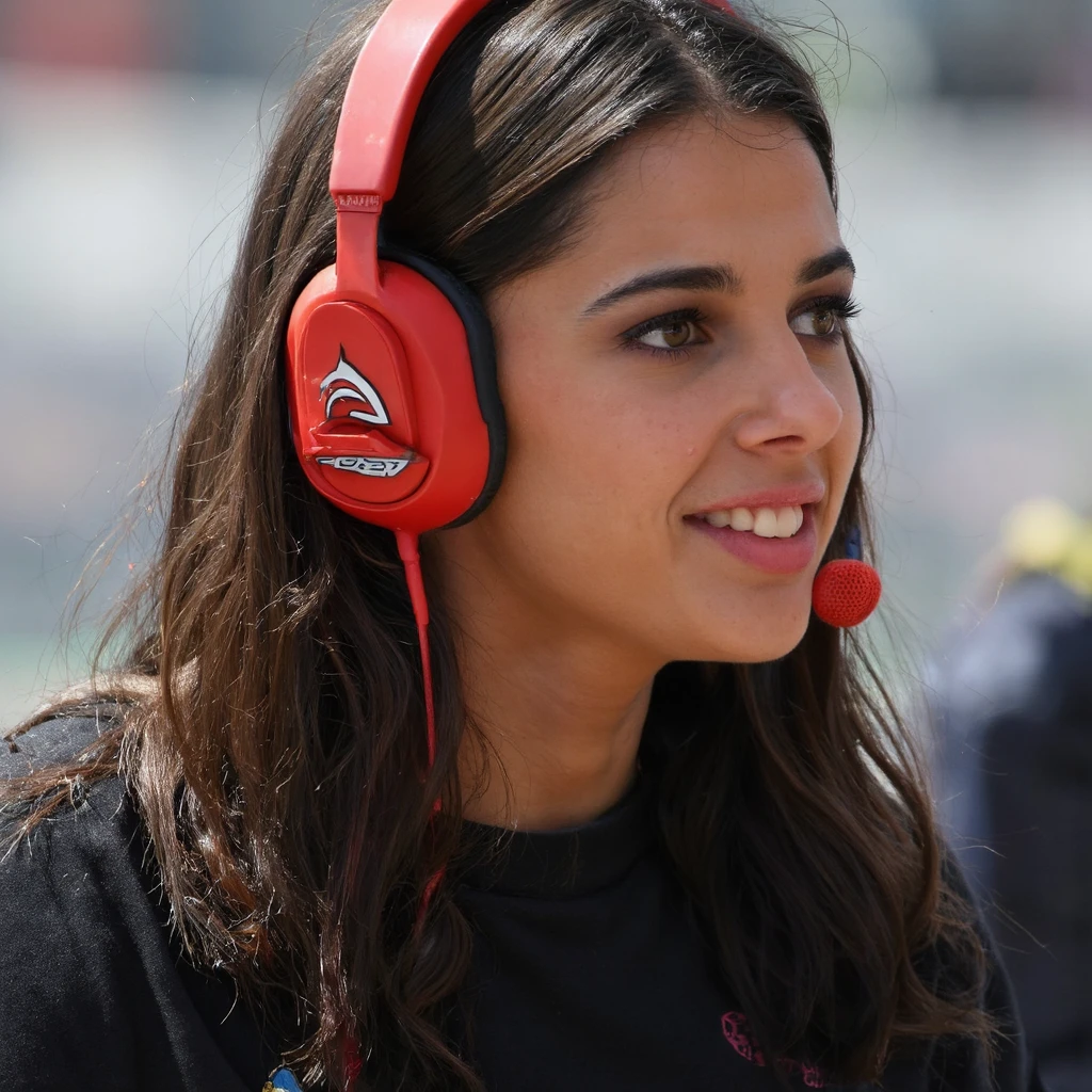 A close-up shot of naomi_scott wearing a pair of red headphones with a microphone attached. The headphones have a logo and a small emblem on the side. She has long, dark hair and wears a black top with a floral pattern. Her expression is serious and focused. The blurred background suggests an indoor setting, possibly a racetrack or pit stop. The image style is candid, capturing a moment in time.