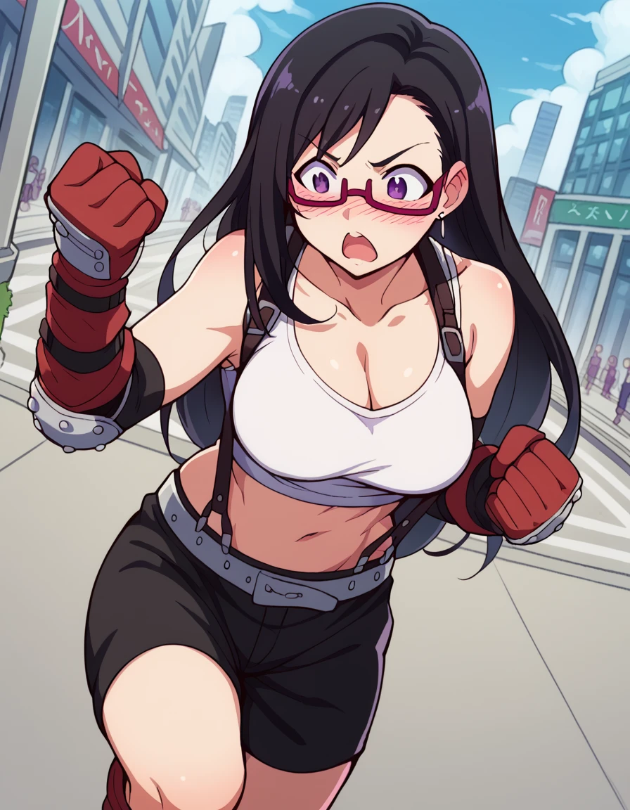 score_9, score_8_up, score_7_up, source_anime, <lora:sakie-satou-s1-ponyxl-lora-nochekaiser:1>, sakie satou, long hair, black hair, purple eyes, glasses, semi-rimless eyewear, red-framed eyewear, under-rim eyewear, large breasts,, <lora:tifa-lockhart-cosplay-ponyxl-lora-nochekaiser:1>, tifalockhartcosplay, tifa lockhart (cosplay), suspender skirt, suspenders, navel, midriff, white tank top, cleavage, elbow pads, crop top, tank top, shorts, short shorts, collarbone, gloves, elbow gloves,, cityscape, street, blush, open mouth, fighting stance, leg lift, leg up, , cowboy shot, dutch angle,