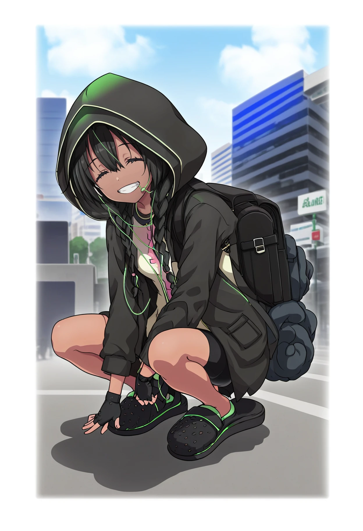 1girl, solo, outdoors,  street, Office District, detailed background, full body, looking at viewer, grin,  teeth, <lora:Anosillas_pony:1>Anosillas
black long hair, twin braids, dark-skinned female, hair between eyes, closed eyes, squatting, 
hood up,  jacket, bag, black gloves, shirt, backpack, fingerless gloves, hoodie, earphones, open clothes, black bike shorts, coat, hooded jacket, long sleeves, black footwear, crocs,