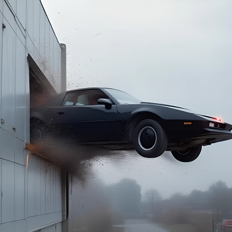 from side, a car flying in high sky and break through the high wall, kitt from knight rider, matte black pontiac trans am, streamline bodywork, a red scan light bar, glow effect, the driver is in the car, grey sky, <lora:KittfromKnightRider:1>