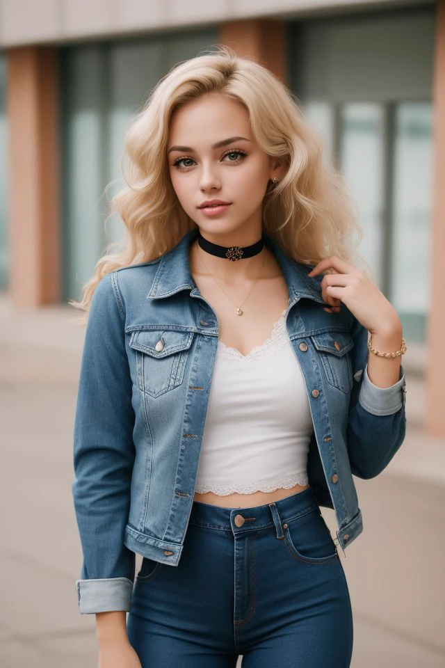 A cute Brazilian girl with voluminous blonde hair styled in loose curls, wearing a red lace choker and a denim jacket over high-waisted pants. Her makeup includes bright colors typical of the 80s aesthetic, with soft lighting enhancing the nostalgic feel