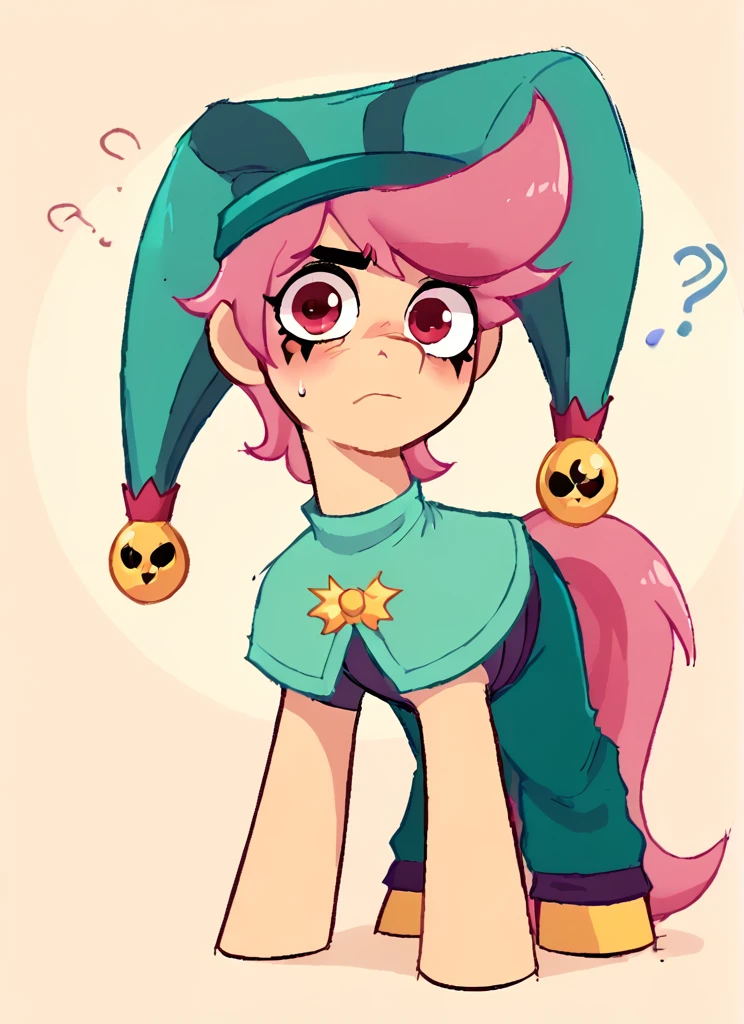 score_9, score_8_up, score_7_up, <lora:bschester:1> 1boy, bschester , pink hair, short hair, red eyes , jester cap, green headwear ,green jumpsuit, capelet, ,solo , blush, confused, ??? ,arms behind back, looking at viewer, closed mouth <lora:SyrupyyyArt:1>syrupyyy (, pony , horse girl, pony girl , all fours,:1.1)