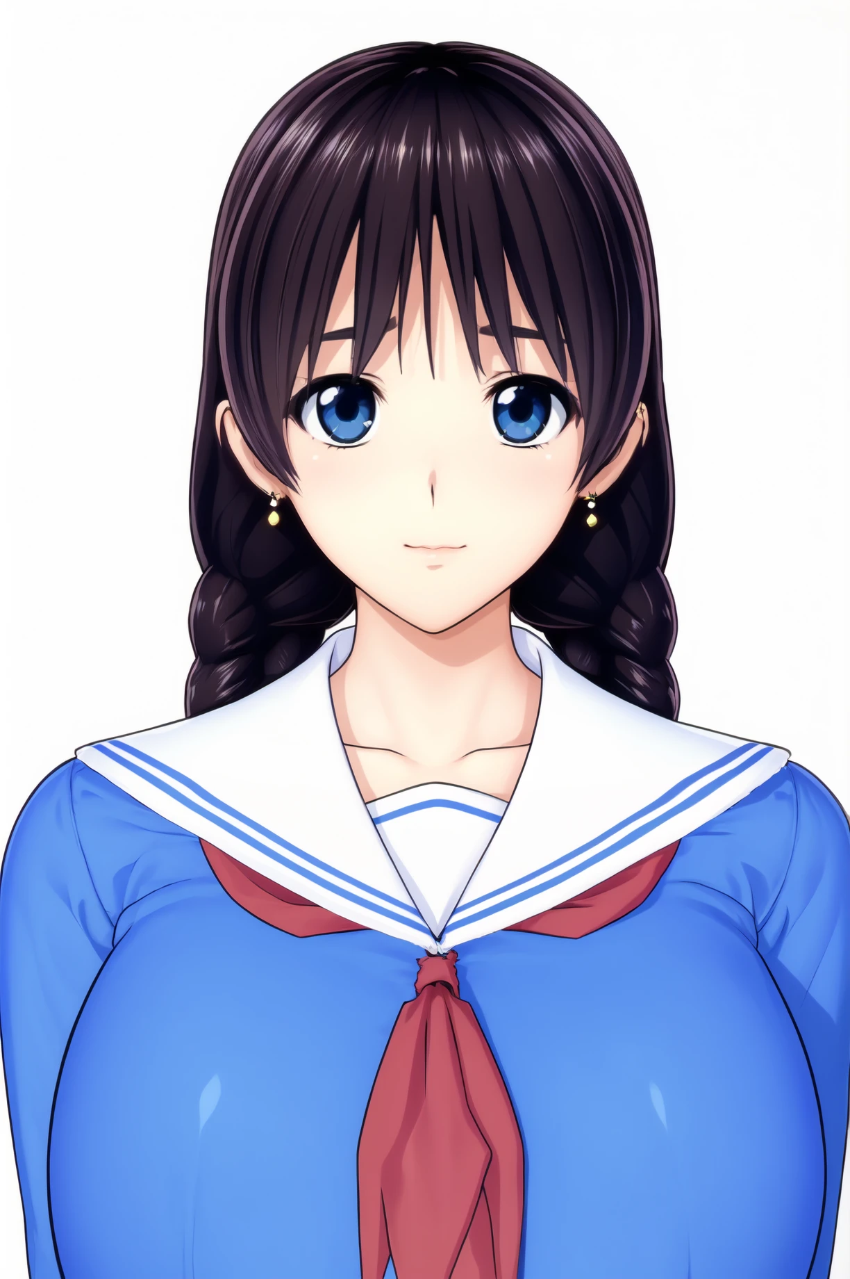 Simple Background,(White_Background:1.1),
dynamic pose,standing at attention,
White sailor collar, blue dress, blue shirt, blue skirt,blue school uniform,blue long sleeves, blue serafuku,white legwear,
<lora:Bookish_ZLoli_KK77-KK77-V1:0.7>, Bookish_ZLoli_KK77, earrings, jewelry, red neckerchief,
blue eyes, black hair,bangs,Long hair, twin braids,
<lora:more_details:0.1>,<lora:NovelAI_YesMix5_KKStyle-KK77-Yes5-V1:0.3>,<lora:Oda_Non_Style2-KK77-Yes5-V1:0.3>,
1 girl, 20yo,Young female,Beautiful long legs,Beautiful body,
Beautiful Nose,Beautiful character design, perfect eyes, perfect face,expressive eyes,perfect balance,
looking at viewer,(Focus on her face),closed mouth, (innocent_big_eyes:1.0),(Light_Smile:0.3),
official art,extremely detailed CG unity 8k wallpaper, perfect lighting,Colorful, Bright_Front_face_Lighting,White skin,
(masterpiece:1.0),(best_quality:1.0), ultra high res,4K,ultra-detailed,
photography, 8K, HDR, highres, absurdres:1.2, Kodak portra 400, film grain, blurry background, bokeh:1.2, lens flare, (vibrant_color:1.2),professional photograph,
(Beautiful,large_Breasts:1.4), (beautiful_face:1.5),(narrow_waist),
