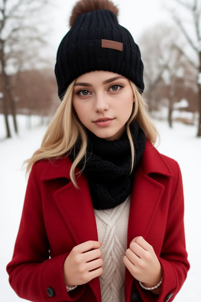 A cute, young Brazilian girl with blonde hair tucked under a beanie, wearing a red wool coat and a black scarf. The red lace choker peeks from under her cozy winter outfit, with gentle makeup adding warmth to the scene.