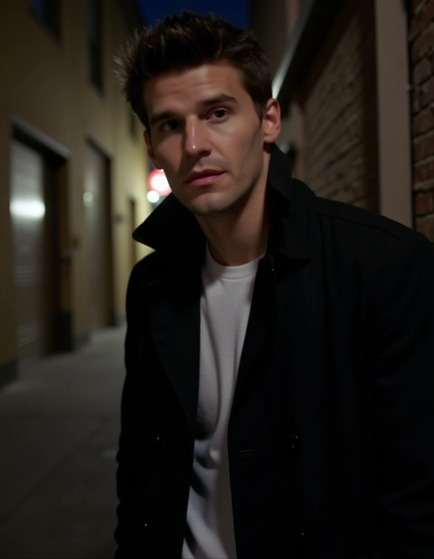 <lora:Angel_Flux:1> This is an image of a young man in his mid 20s. with short hair, clean shaven, brown eyes, contemplative expression. wearing a black trench coat, black jacket, white t-shirt.  Standing in a alley at night,  looking at the viewer