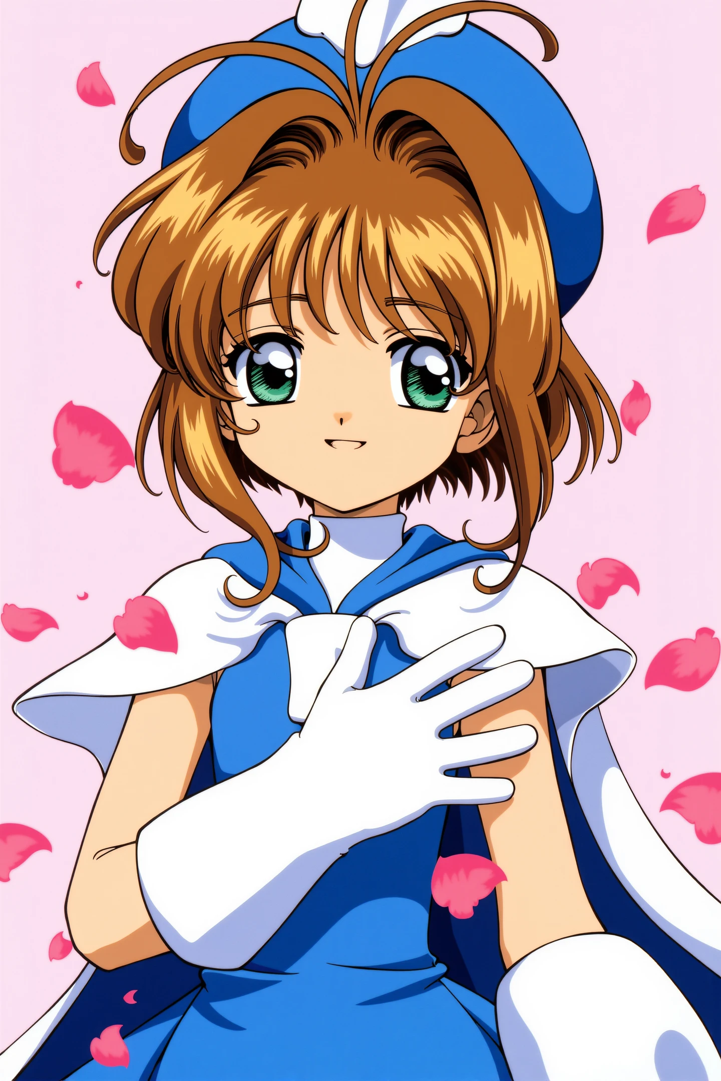 1girl, kinomoto sakura, solo, hat, gloves, blue headwear, brown hair, green eyes, cape, short hair, 1990s \(style\), magical girl,  petals, smile
<lora:Card Captor Sakura Anime_FLUX:1>