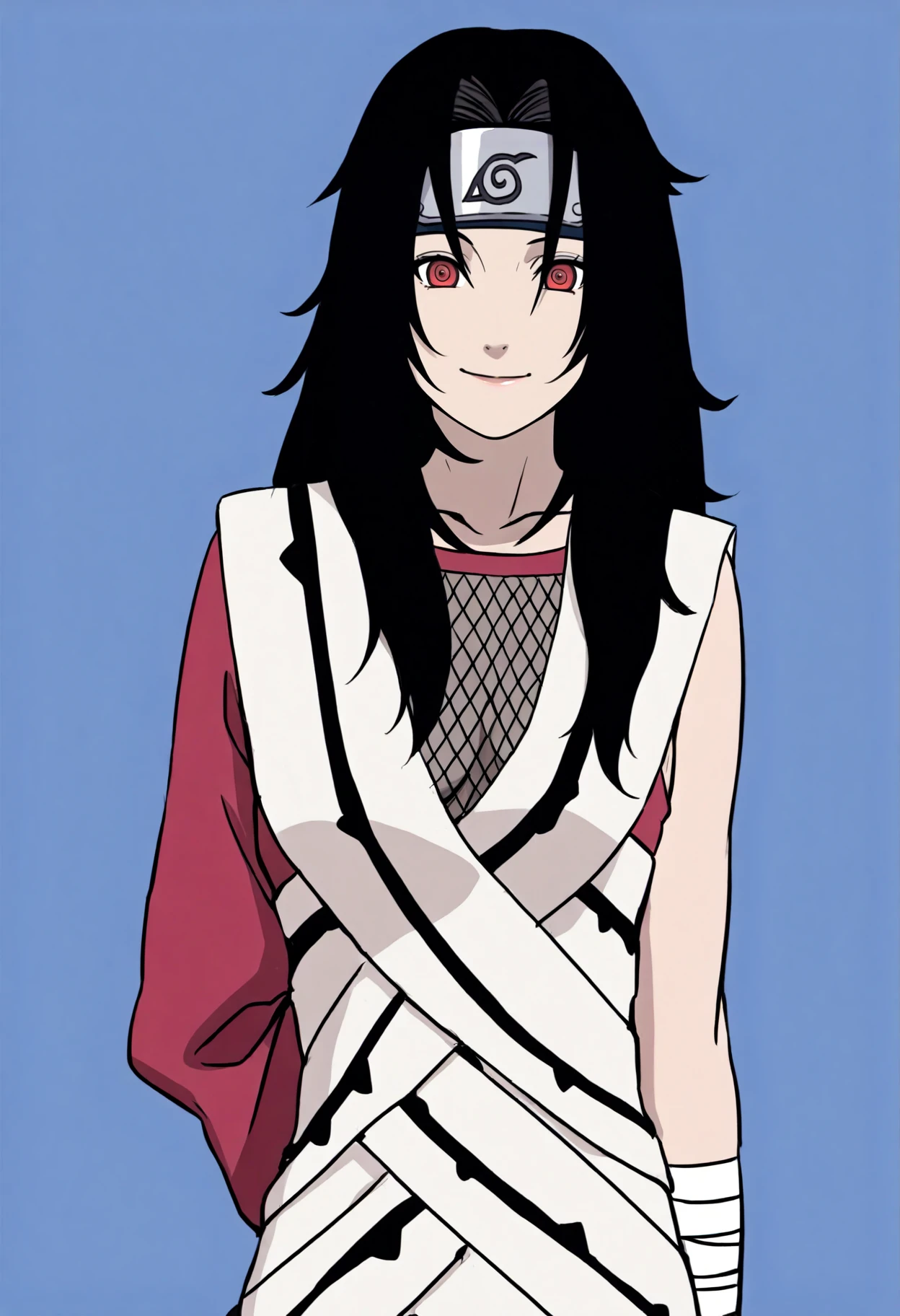 best quality, amazing quality, very aesthetic, absurdres,
1girl, kurenai, black hair, long hair, red eyes, bandages, forehead protector, fishnet top, asymmetrical clothes, single sleeve,
hands behind back, smile, upper body, looking at viewer, solo, simple background, white background    <lora:KurenaiIllustriousXL_byKonan:1>