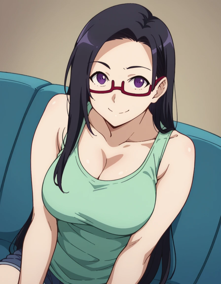 score_9, score_8_up, score_7_up, source_anime, <lora:sakie-satou-s1-ponyxl-lora-nochekaiser:1>, sakie satou, long hair, black hair, purple eyes, glasses, semi-rimless eyewear, red-framed eyewear, under-rim eyewear, large breasts,, shirt, green shirt, collarbone, bare shoulders, cleavage, shorts, bare arms,, living room, television, couch, popcorn, watching movie, night time, sitting,, smile, looking at viewer, smile, solo,, cowboy shot, dutch angle,