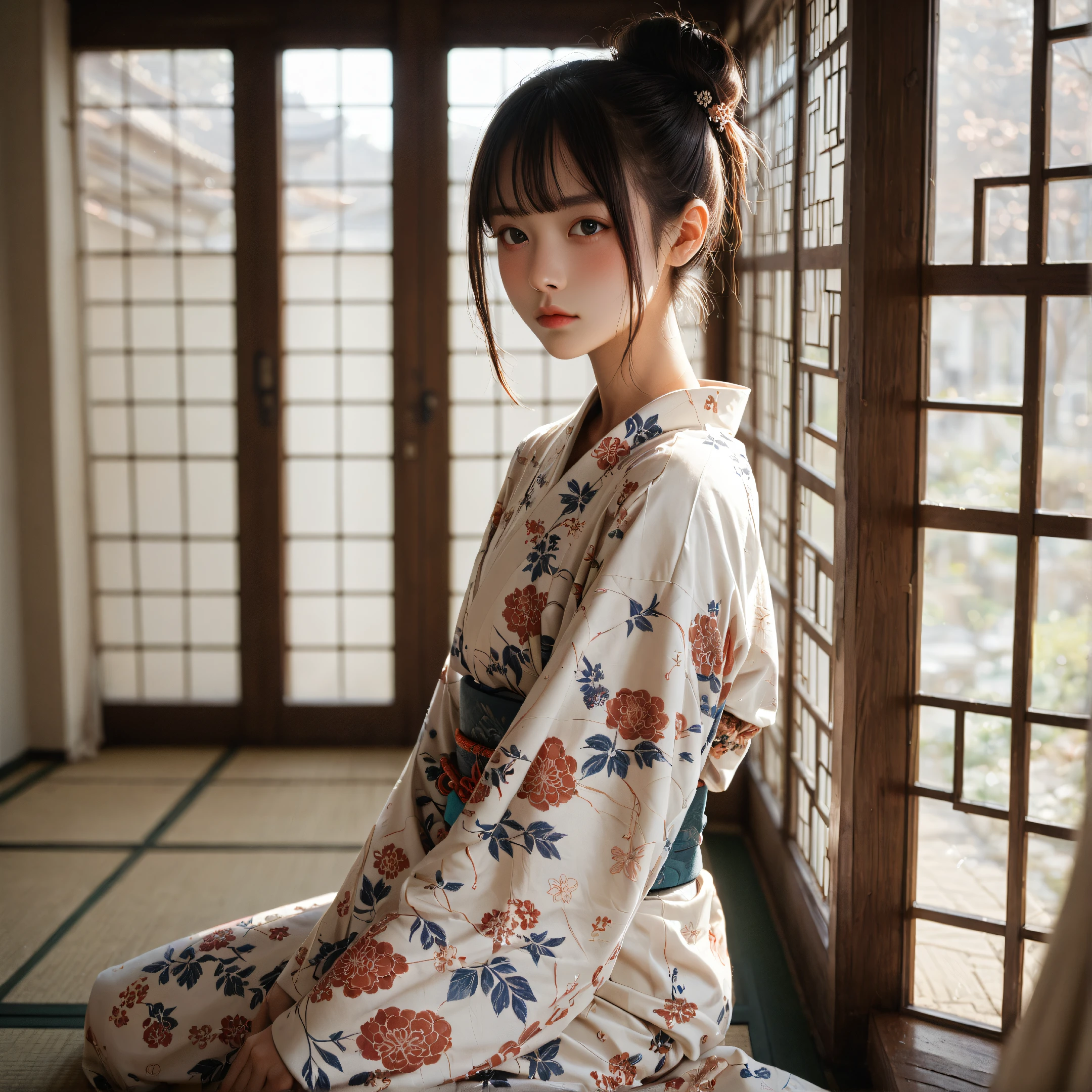 score_9,score_8_up,score_7_up,slightly_above,sidways,from_side,medium_full_shot,looking_at_viewer,
BREAK
1girl,
adults,(:0.8),perfect_face,kneeling,kimono,narrow_waist,wide_hips,slim,skinny,hair_bun,bangs,hair_ornament,shy,full-face_blush,
inside,japanese_architecture,
BREAK
unique_pose,unique_perspective,expressiveh,volumetric_lighting,vivid_colours,rembrandt_lighting,blurry_background,depth_of_field,high_contrast,dramatic_shadows,dramatic_lighting,highly_detailed,high_contrast,film_grain,