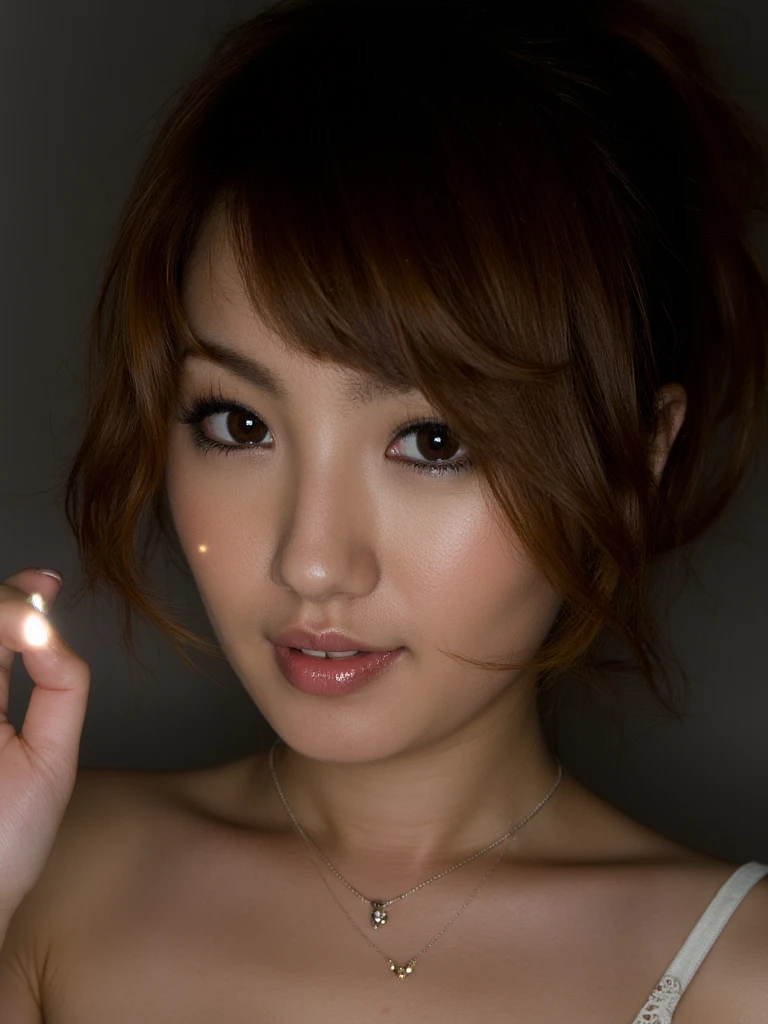 tsubasa,
In a dimly-lit, moody studio, the close-up image captures , a woman of striking beauty with warm brown eyes that subtly twinkle as they lock onto the viewer. Her face is framed by cascading waves of chestnut hair, and she wears an intricate, yet simple, white lace dress adorned with delicate, glittering pearls that shimmer under the soft, warm glow of a single spotlight. Her closed mouth forms a genuine, heart-warming smile as she holds her phone aloft in one hand, the screen illuminating her youthful, radiant complexion and casting a gentle, ethereal glow on her captivating features, all while standing against a plain, monochrome background that allows her vibrant presence to stand out, creating an intimate and engaging portrait that speaks volumes about her charm and modern sophistication.