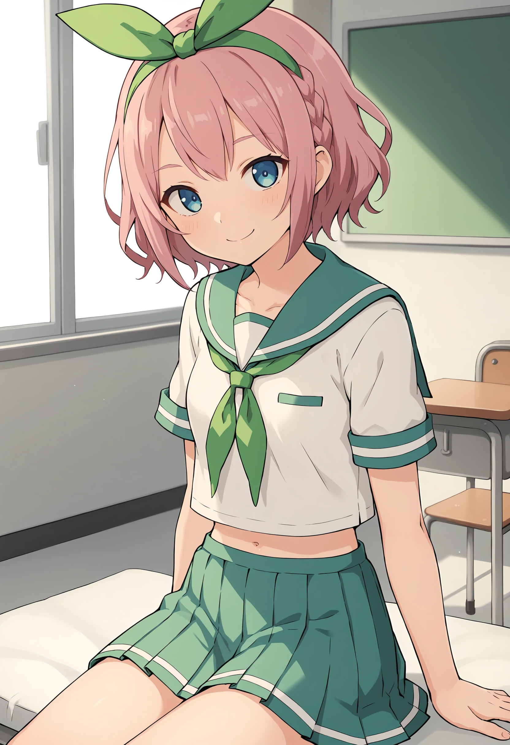 1girl, solo, kana tales, pink hair, blue eyes, short hair, braid, green hairband, small breasts, school uniform, serafuku, skirt, pleated skirt, looking at viewer, smile, indoors, source_anime, score_9, score_8_up, score_7_up, score_6_up, score_5_up, score_4_up, <lora:kana tales:0.7>