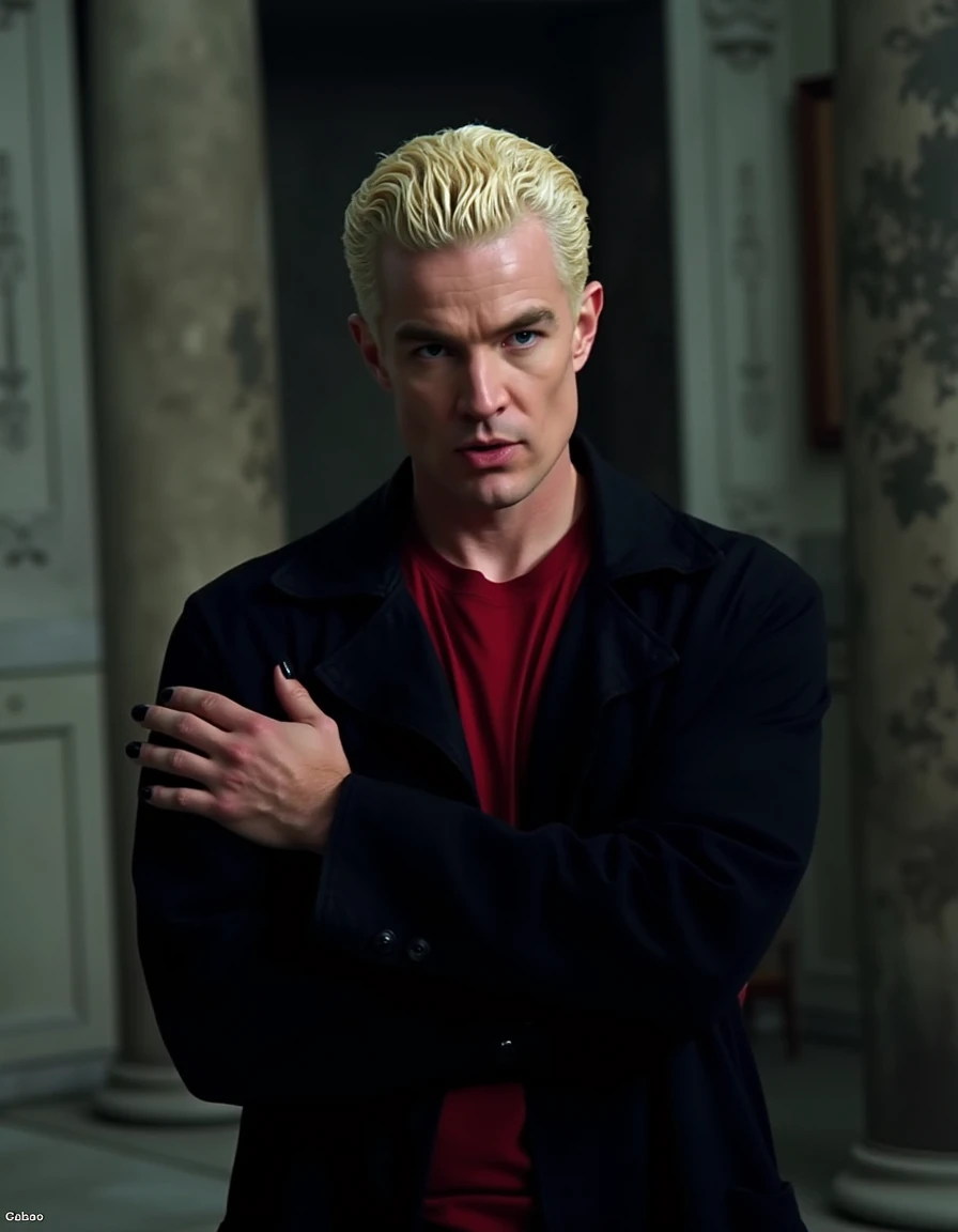 <lora:Spike_Flux:1>  This is an image of a man with bleach blonde short hair, blue eyes, mouth slightly open, with prominent cheekbones and a stern expression. wearing a black trench coat, red shirt, black fingernail polish. Standing inside of a mausoleum