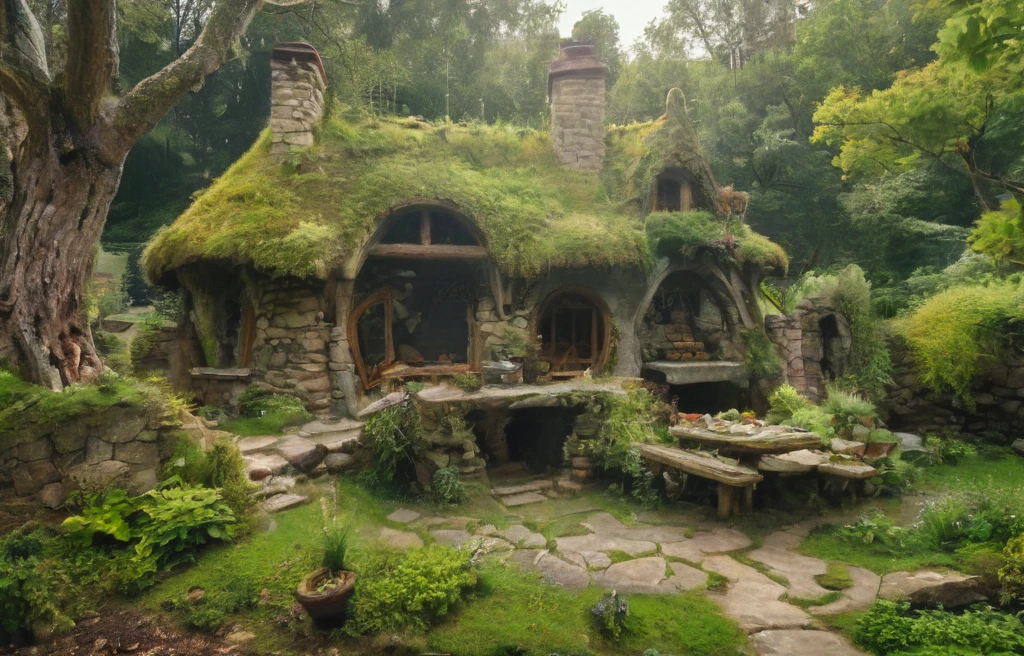 in front hangs a one-story fabulously magical house of a fairy, a wizard, a wizard, built of stone, covered and merged with nature, the roof reaches the ground and is completely covered with grass and green grass, a large veranda. from in front of a table and chairs made of branches, a large barbecue, windows, stone chimney, spacious inside, avant-garde ecologically independent house merging with nature built from natural materials found in nature, fantastic fairytale style, photorealism, sense of harmony and tranquility, relaxation, fantasy and magic, magic, paradise <lora:MJ52_v2.0:1> <lora:xl_more_art-full_v1:1>