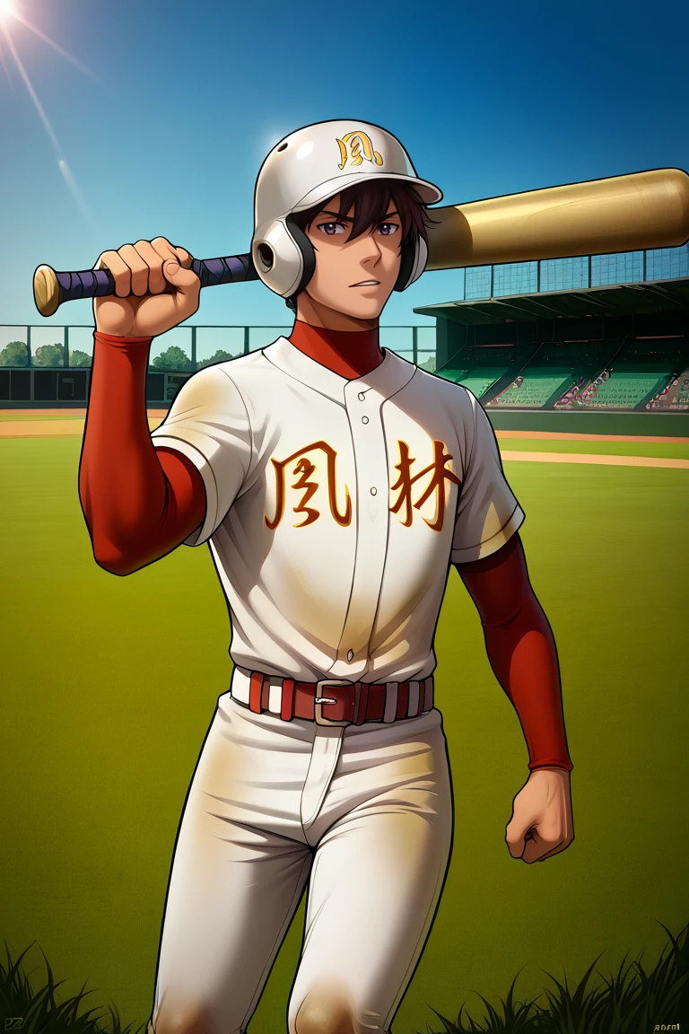 zPDXL2,<lora:Akira_Nishina:1>,akira nishina,(batting stance:1.2),holding baseball bat,1boy,baseball bat,baseball helmet,hat writing,clothes writing,solo,male focus,baseball uniform,belt,white pants,white t-shirt,dirty,red turtleneck,short over long sleeves,sky,grass,baseball stadium,