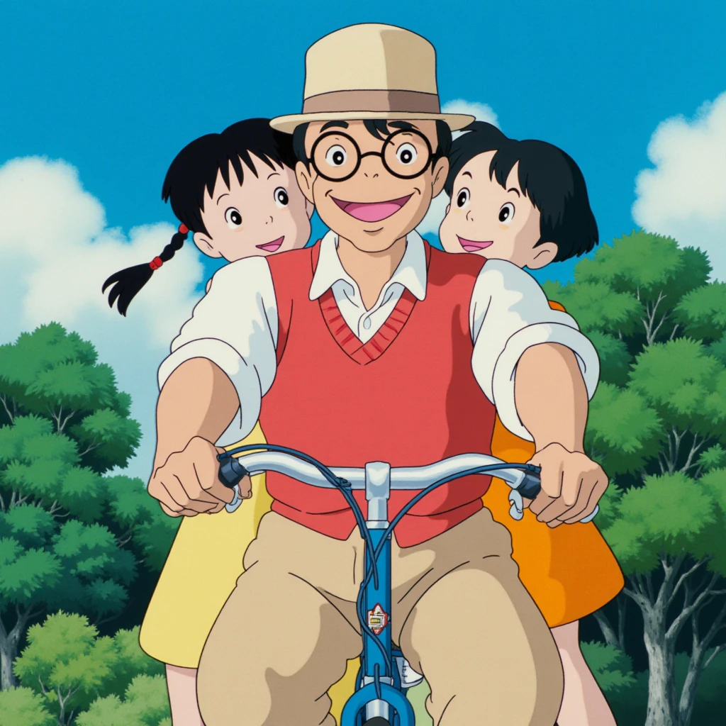 In style of Studio Ghibli. Scene from "Totoro" film. This image is a vibrant, colorful illustration in the style of classic Japanese anime, featuring a cheerful family scene. The central characters are a middle-aged man and two young girls, all riding a bicycle together. The man, with short black hair and glasses, wears a light beige hat, a white shirt, and a red vest over it. He has a friendly expression and is seated on the bicycle, pedaling. The girl on the left, with pigtails and wearing a yellow dress, sits in front of the man, holding onto the handlebars. The girl on the right, with short black hair and wearing an orange dress, sits behind the man, holding onto his back. Both girls have bright, joyful expressions. The background is lush, with dense green foliage and a clear blue sky dotted with fluffy white clouds, suggesting a sunny, outdoor setting. The overall scene exudes a sense of warmth and joy, typical of the anime genre, capturing a moment of carefree family time.