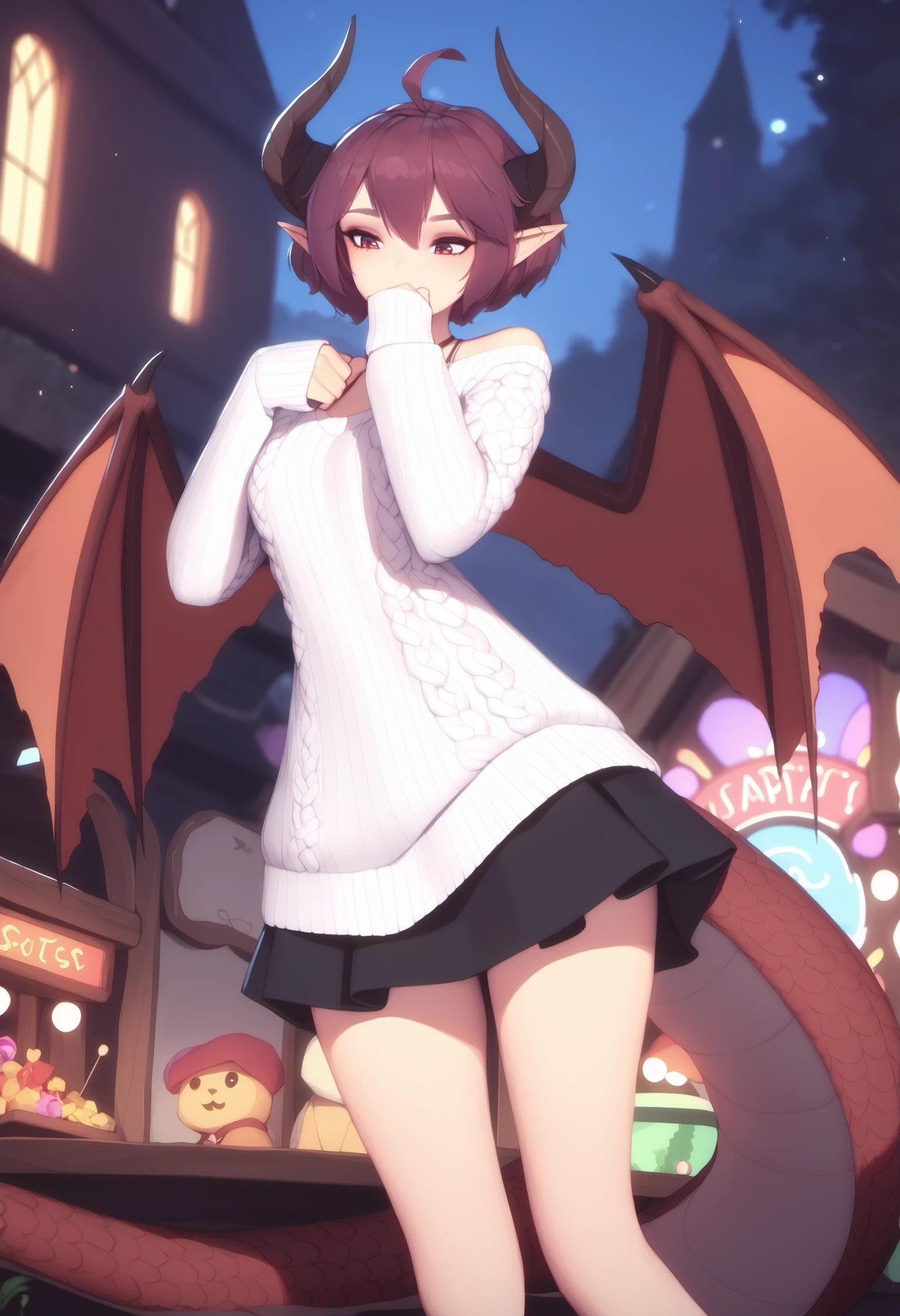 by pepper0, (by personal ami:0.75), masterpiece, best quality, 1girl, grea, dragon tail, short hair, standing, hand to own mouth, surprised, oversized sweater, white knit sweater, sleeves past wrists, village fairground, happy, colorful, (skirt under clothes:0.9), (large breasts:0.9), ahoge, <lora:Grea_v3_TOFU:1>