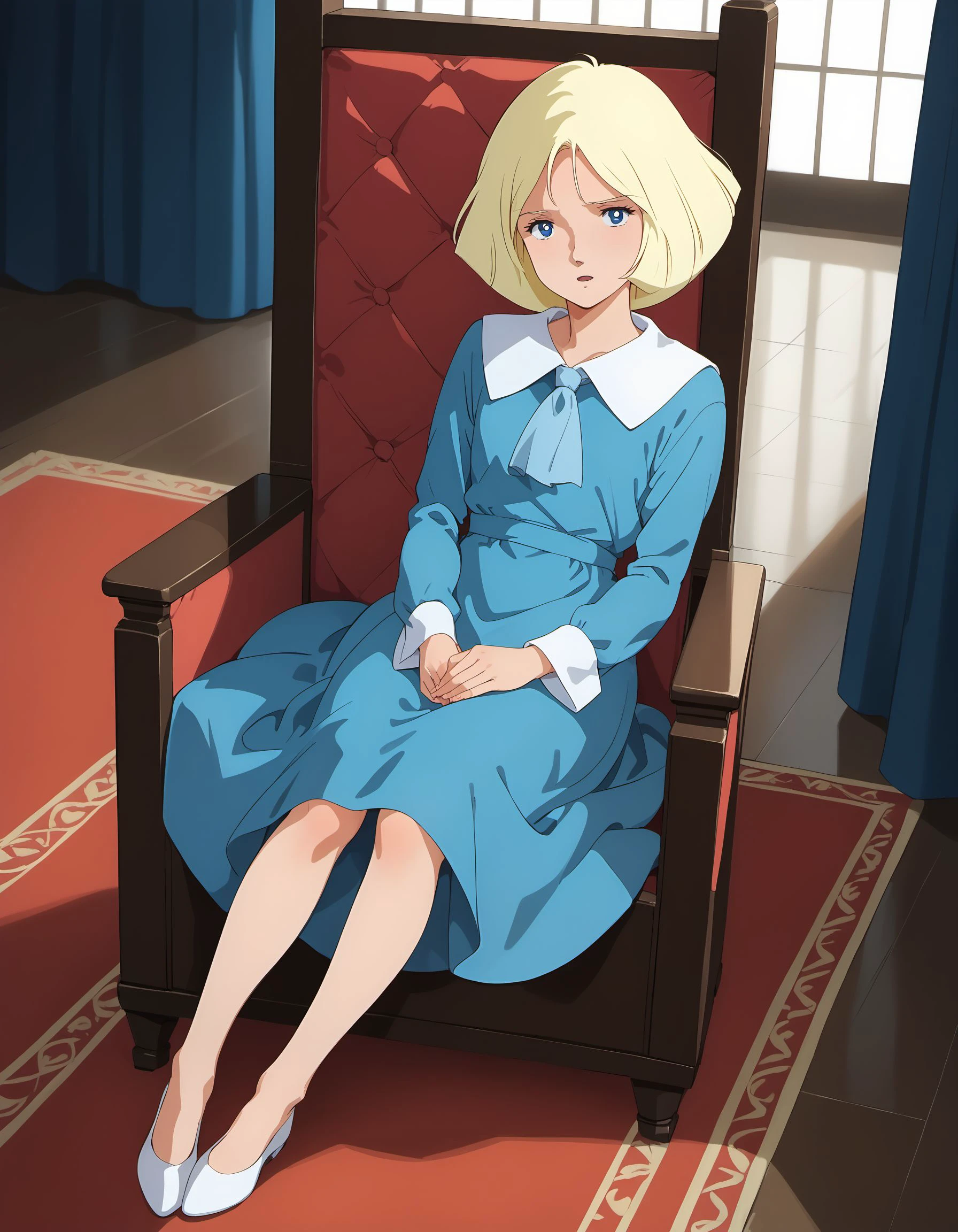 (score_9:0.0), score_8_up, score_7_up, source_anime, hd, highres,
BREAK
1girl, solo,
child, flat chest, collared blue dress, ascot, long sleeves, bare legs, white flats,
parted lips, looking at viewer, facing up, shy,
sitting on throne, armrest, legs together,
<lora:XL_DK_sayla20240925b_pony_Prodigy:1> dk_sayla, 1980s \(style\), parody,
from above, perspective, full body, soft lighting,
BREAK
red carpet, indoors, gothic architecture,