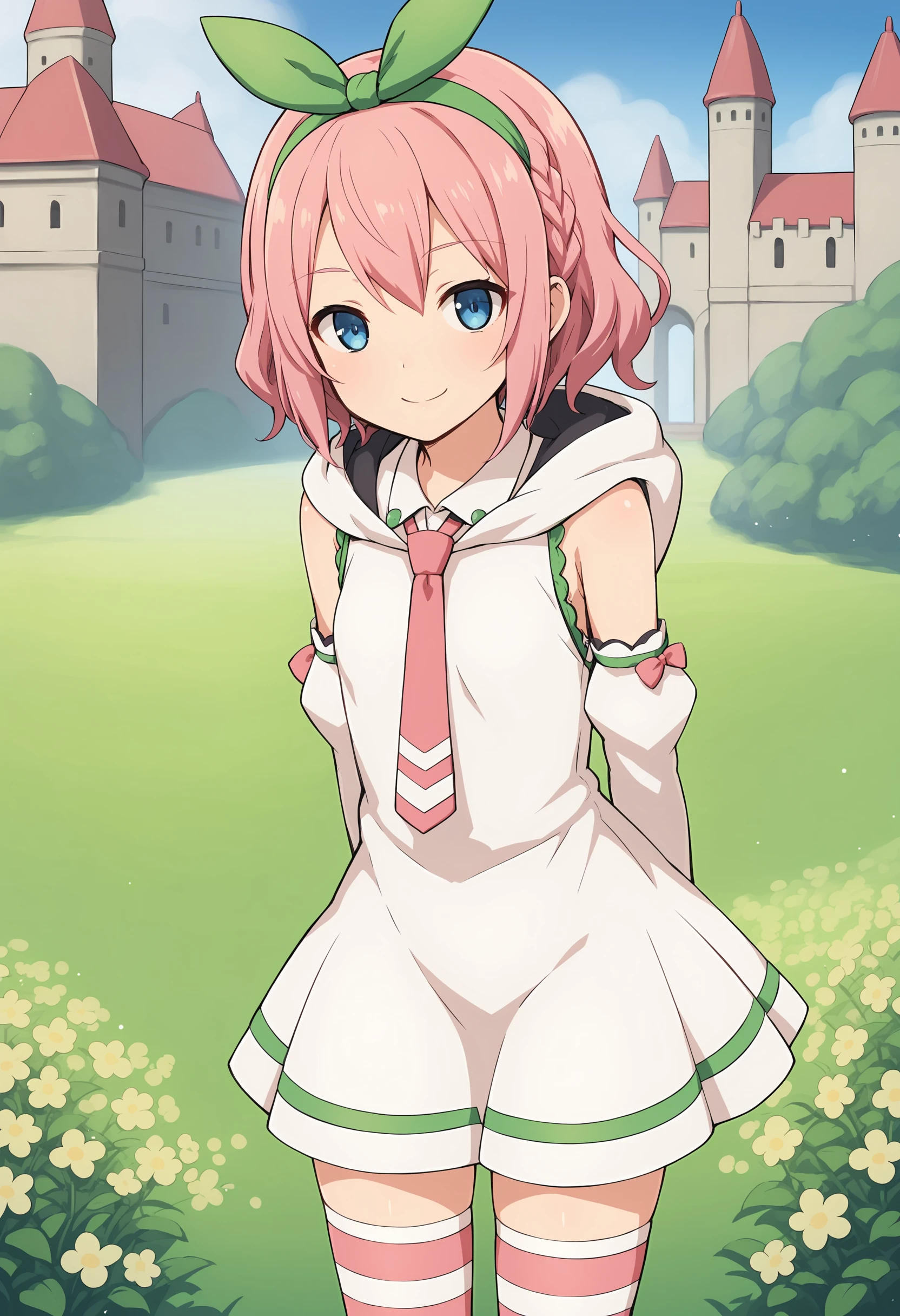 1girl, solo, kana tales, pink hair, blue eyes, short hair, braid, green hairband, dress, white dress, sleeveless, sleeveless dress, hooded dress, pink necktie, detached sleeves, thighhighs, pink thighhighs, striped, striped thighhighs, smile, looking at viewer, standing, leaning forward, arms behind back, cowboy shot, outdoors, field, castle, source_anime, score_9, score_8_up, score_7_up, score_6_up, score_5_up, score_4_up, <lora:kana tales:0.7>