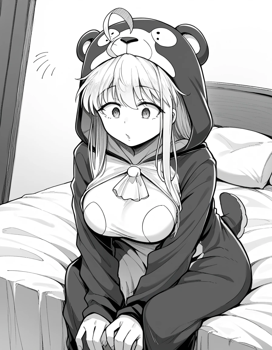 score_9, score_8_up, score_7_up, source_anime, <lora:flanvia-sister-manga-ponyxl-lora-nochekaiser:1>, sister, ahoge, bangs, long hair, side locks, monochrome, greyscale, large breasts,, <lora:kigurumi-ponyxl-lora-nochekaiser:1>, kigurumi, animal hood, animal costume, cosplay, rabbit costume, dragon costume, bear costume, dinosaur costume, sheep costume, cat costume, dog costume, panda costume, tiger costume,, indoors, bed, bed room, sitting, , cowboy shot, dutch angle,