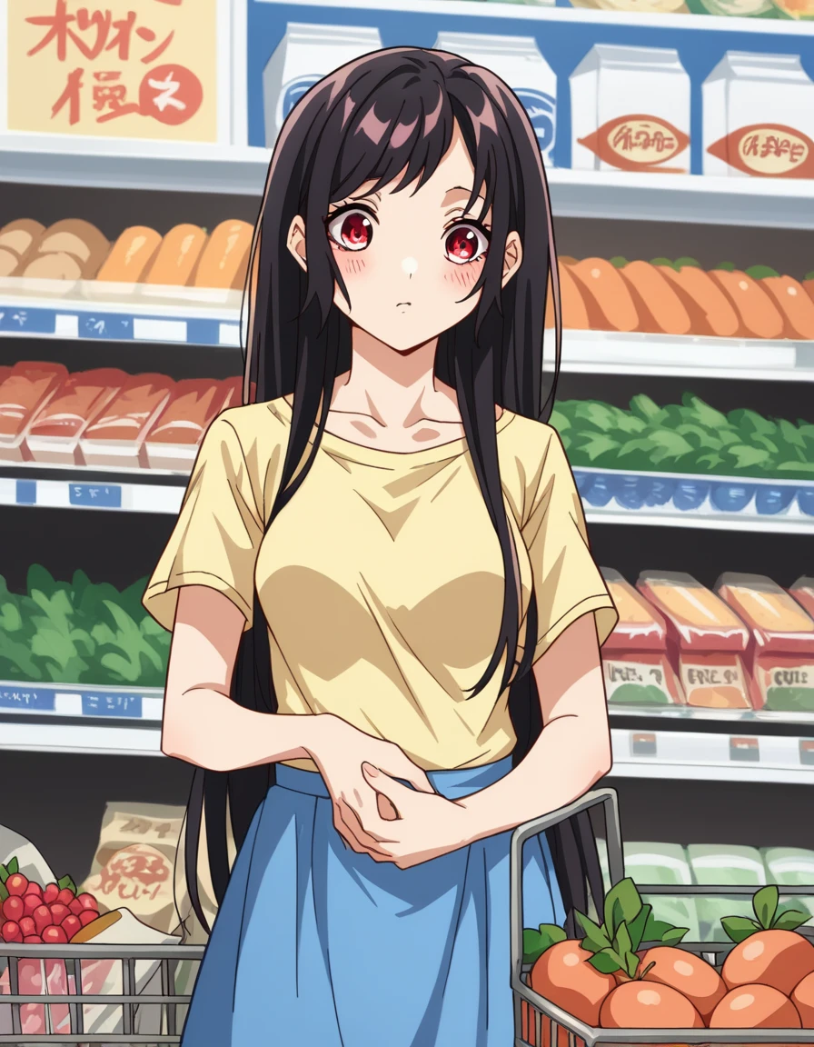 score_9, score_8_up, score_7_up, source_anime, <lora:kaori-houjou-s1-ponyxl-lora-nochekaiser:1>, kaori houjou, long hair, bangs, black hair, red eyes, sidelocks, medium breasts, skirt, shirt, collarbone, short sleeves, bag, blue skirt, yellow shirt, handbag,, grocery store, shopping cart, picking fruits, everyday life, , , , hand on stomach, blush,, solo,, cowboy shot, dutch angle,