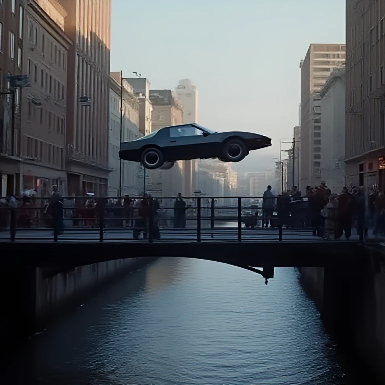 from side, a car flying in low sky over a narrow river near bridge in downtown, kitt from knight rider, matte black pontiac trans am, streamline bodywork, a red scan light bar, glow effect, the driver is in the car, slight motion blur, frightened crowd, <lora:KittfromKnightRider:1>