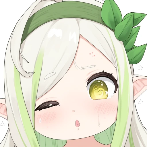 This is a digital drawing in the anime style, showcasing a close-up of a young female character with distinct fantasy elements. The character has an elf-like appearance, indicated by her pointed ears and long, flowing hair that is a mix of white and green. Her hair is styled in a high ponytail with a leafy green accessory on the right side, and she has a green leafy headband. Her eyes are a striking, glowing yellow with intricate, swirling patterns, giving them a magical appearance. Her cheeks are flushed with a light pink blush, suggesting a shy or embarrassed expression.