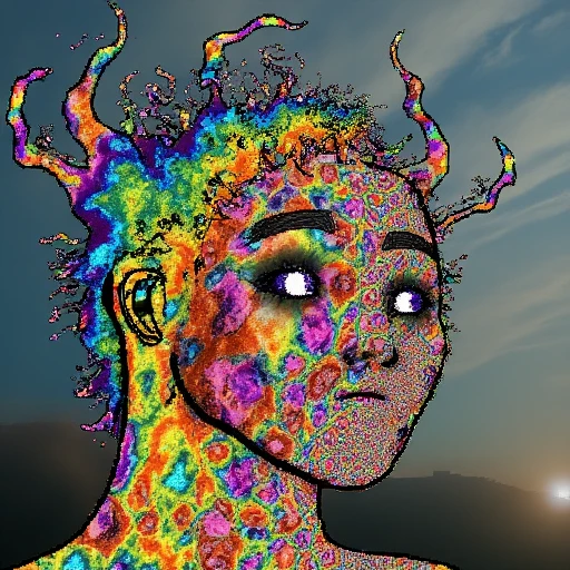 This image is a digitally created, abstract, and surreal artwork featuring a highly stylized, a half rainbow man with horns and things angel angel angel angel