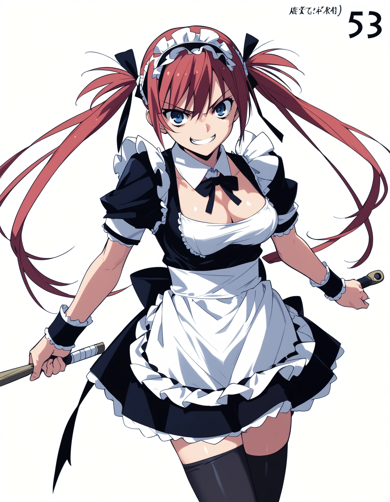 score_9,  score_8_up, score_7_up, <lora:qb-concept-000020:0.7>
1girl, white background, simple background, attack, smug, confident, arrogant, grin
long hair, breasts, blue eyes, thighhighs, ribbon, cleavage, twintails, red hair, black thighhighs, zettai ryouiki, wrist cuffs, maid, maid headdress