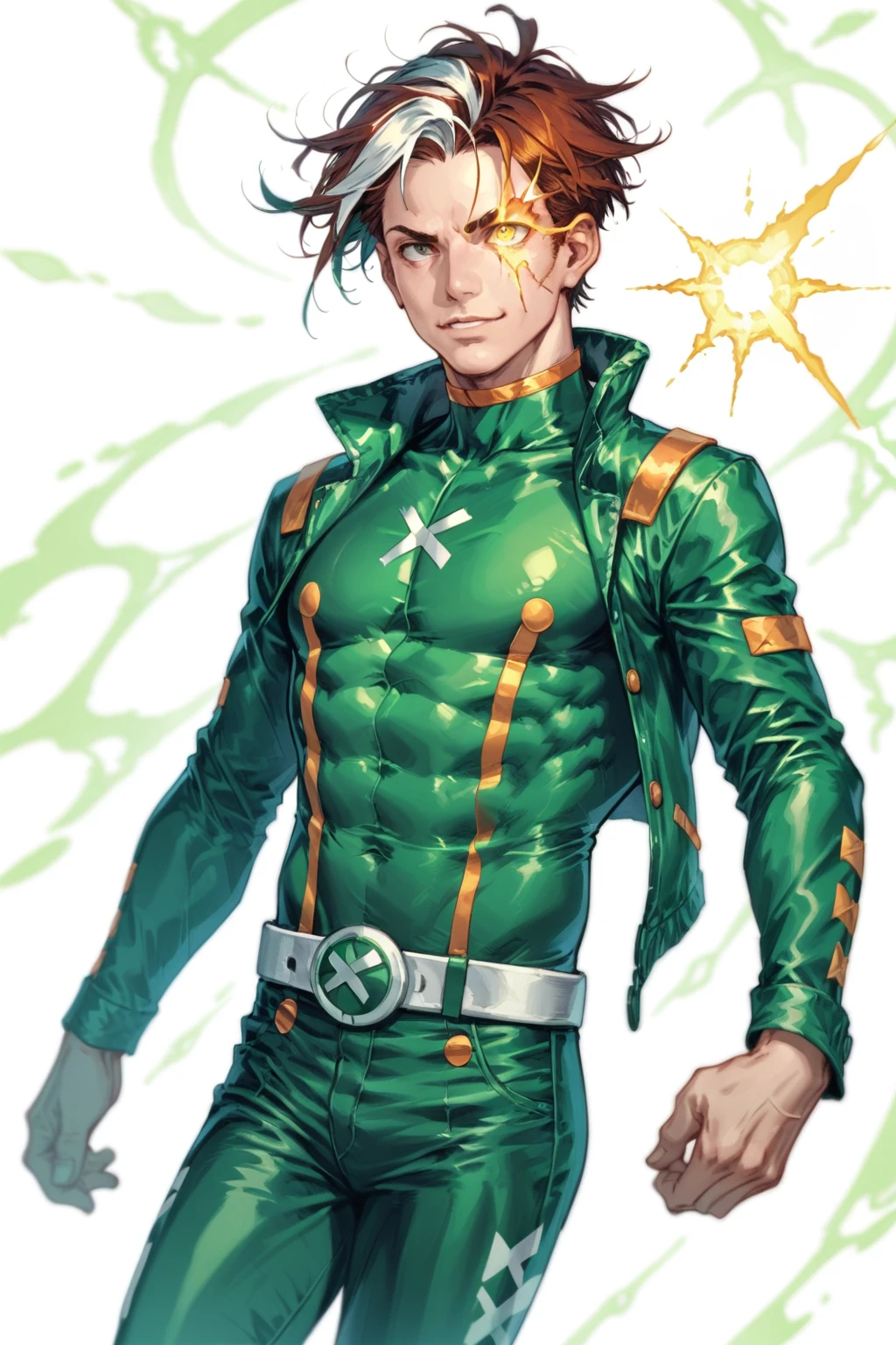 anime illustration, solo male, handsome face, slim-build, two-tone hair, auburn hair with white stripe, medium-length hair, green and white costume, x-symbol on chest, eye glowing with power, <lora:nategreyP:0.7>, (score_9, score_8_up, score_7_up)