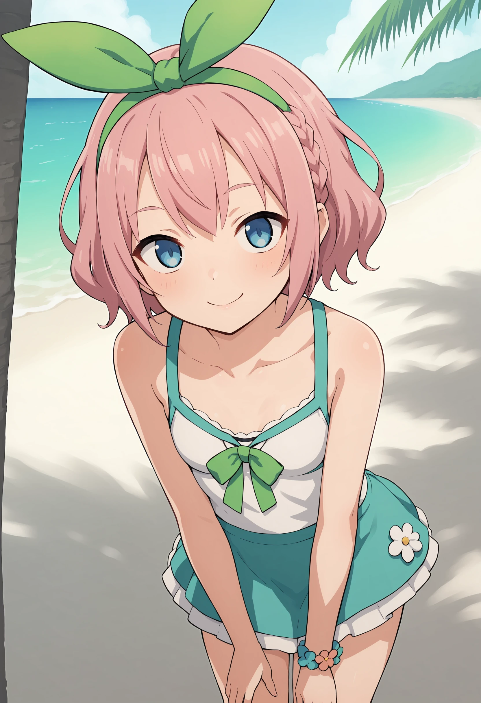 1girl, solo, kana tales, pink hair, blue eyes, short hair, braid, green hairband, small breasts, swimsuit, swimsuit skirt, looking at viewer, smile, outdoors, beach, source_anime, score_9, score_8_up, score_7_up, score_6_up, score_5_up, score_4_up, <lora:kana tales:0.7>