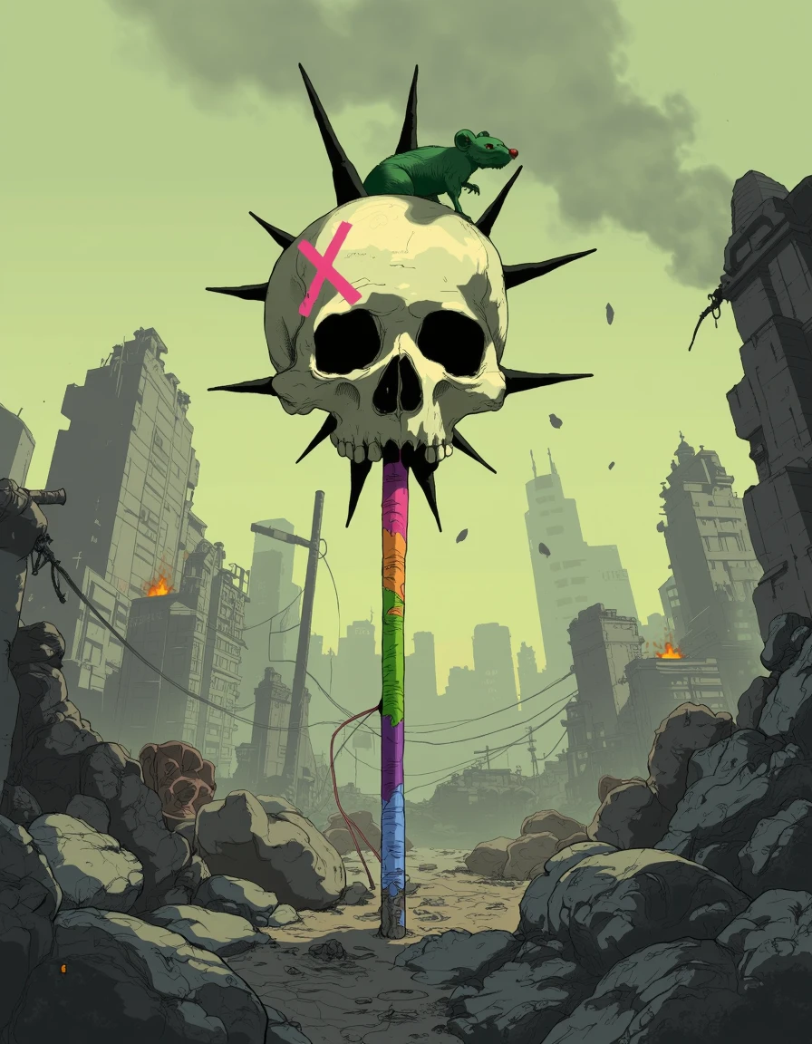 toha, skull on a brightly colored stick with black spikes coming out of it, pink x on skull, rat on skull, post-apocalyptic city ruins, rubble, fires, smoke, greyish light green sky with smoke and ash