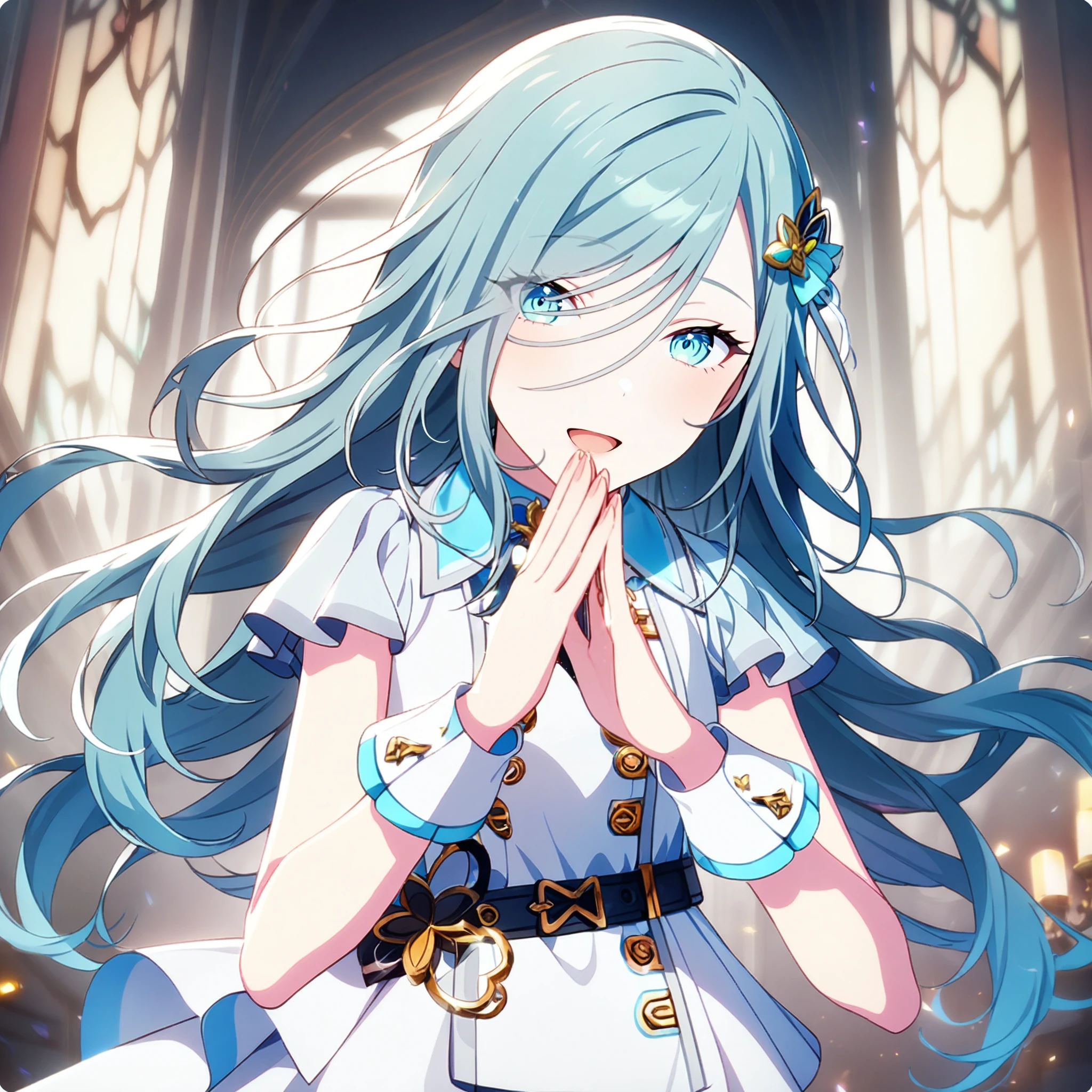 1girl, hinomori shizuku, project sekai, masterpiece, very aesthetic, absurdres, official art,
brandnew shizuku, aqua very long hair, (aqua small eyes:1.2),  eye visible through hair, swept bangs, (mole under mouth:1.2), 
(looking at viewer:1.4), own hands together, :D, BREAK
<lora:sdxl-mmj-BNShizuku03:0.9:lbw=XL-Clear>