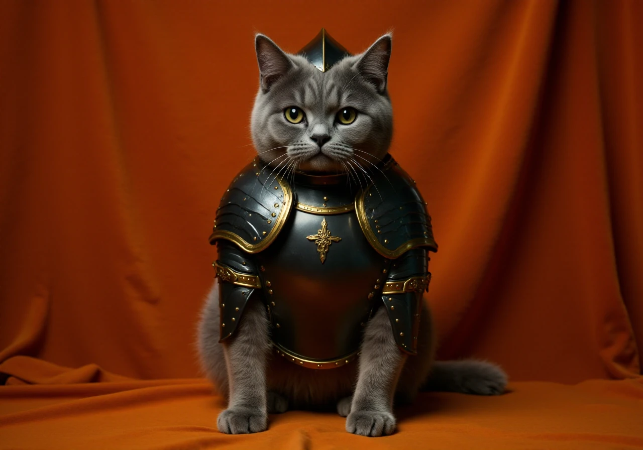 HFPA, Historical Full Plate Armor, The image is an oil painting of a grey British Shorthair cat dressed in medieval knight's suit of armor for cats, set against a dark orange, velvety fabric backdrop. The armor is made of polished black metal with golden trim, giving it a reflective, mirror-like finish. The suit is a full-body armor, covering the cat's torso, front legs, and back legs, with intricate details and rivets that give it a medieval, historical appearance, cat is wearing a historical helmet on its head,  dramatic epic scene, mist and smoke, cinematic, dramatic lighting
  <lora:Historical_Full_Plate_Armor-000007:0.8>  <lora:FluxDFaeTasticDetails:0.6> <lora:detailed photorealism style v3:0.6>