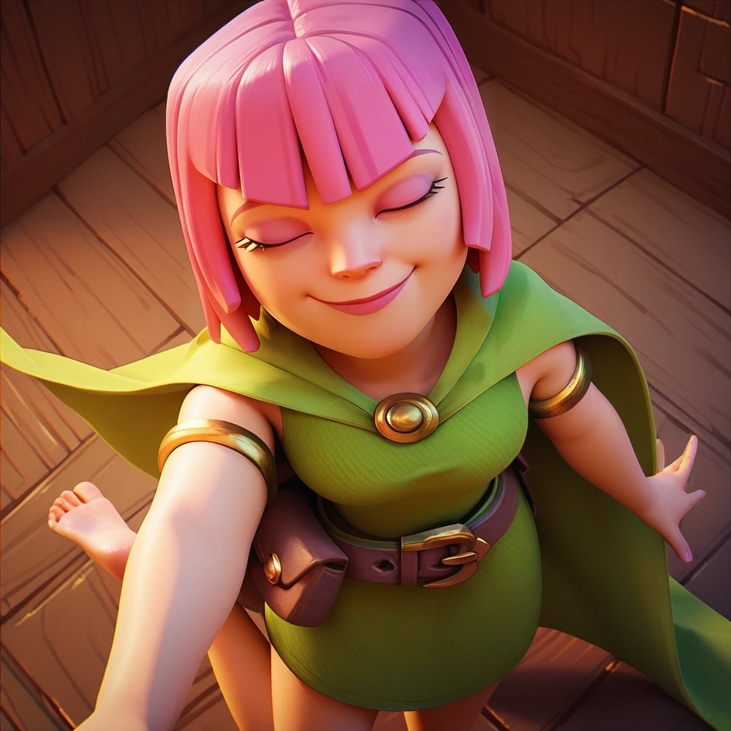 score_9, score_8_up, score_7_up, score_6_up, score_5_up, score_4_up, <lora:Archer_Clash_of_Clans-000006:0.8> , coc1, pink hair, bob cut, green dress, sleeveless, belt pouch, barefoot, cape, armlet, looking at viewer, smile, closed eyes, pov