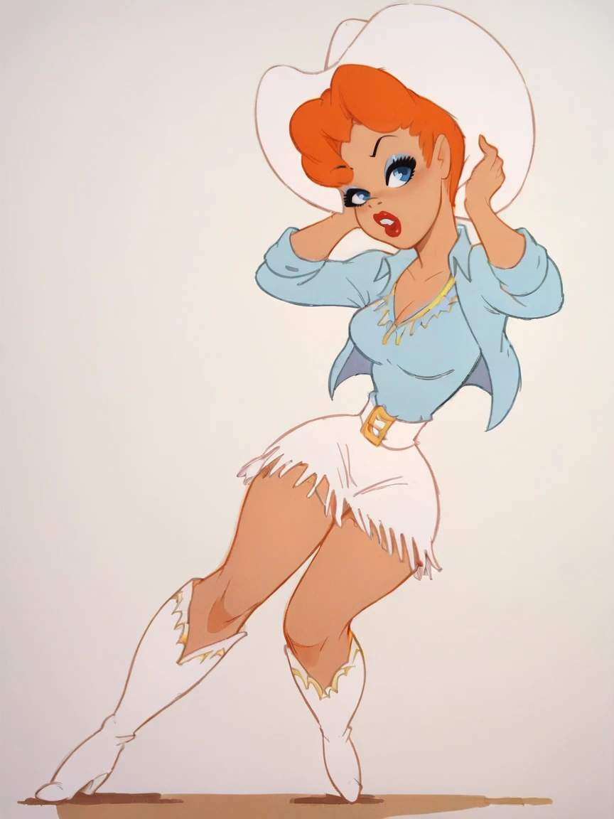 score_9, score_8_up, score_7_up, score_6_up, score_5_up,  <lora:texaveryXLP:1> tex avery, 1girl, orange hair, solo, lipstick, blue eyes, short hair, cowboy western, boots, cowboy hat, skirt