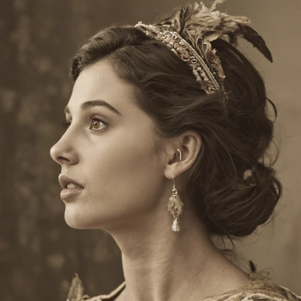 A sepia-toned portrait of naomi_scott in a side profile. She wears a headband with intricate designs and a feathered accessory. Her hair is styled in a voluminous updo, and she wears large, dangling earrings. The background is blurred, highlighting the subject. The image evokes a vintage aesthetic, emphasizing the woman's elegance and the intricate details of her attire.