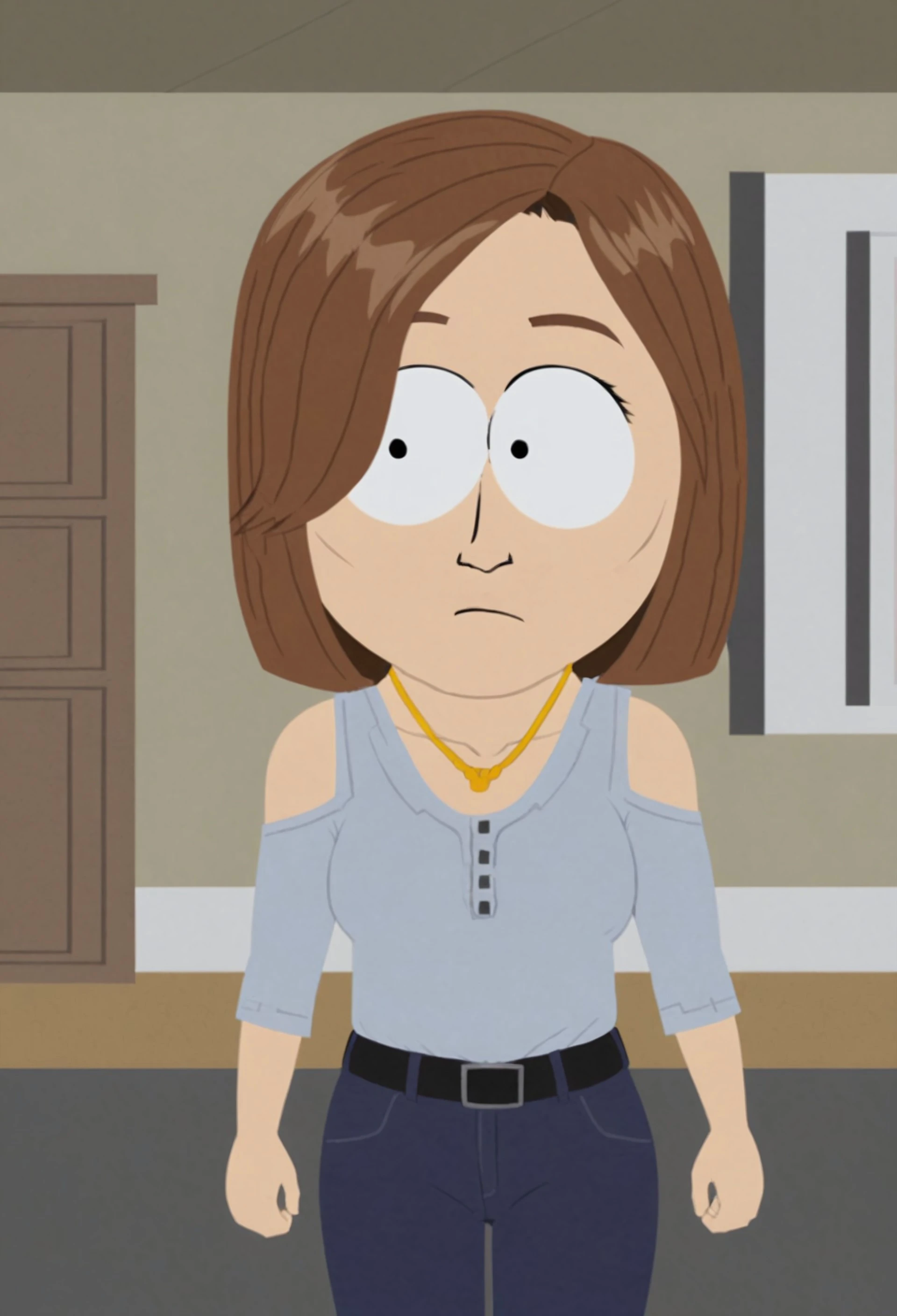 safe_pos, 1 girl, Solo, short hair, wide-eyed, shoulder cutout, brown hair, necklace, natural breasts, shirt, belt, pants, standing, setting living room