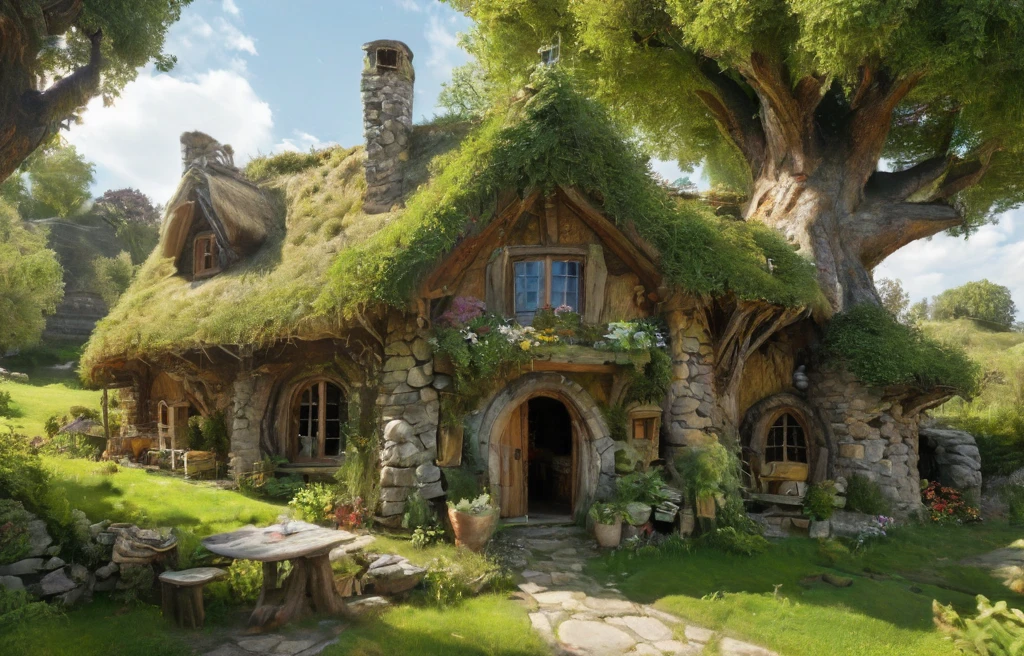 in front hangs a one-story fabulously magical house of a fairy, a wizard, a wizard, built of stone, covered and merged with nature, the roof reaches the ground and is completely covered with grass and green grass, a large veranda. from in front of a table and chairs made of branches, a large barbecue, windows, stone chimney, spacious inside, avant-garde ecologically independent house merging with nature built from natural materials found in nature, fantastic fairytale style, photorealism, sense of harmony and tranquility, relaxation, fantasy and magic, magic, paradise <lora:MJ52_v2.0:1> <lora:xl_more_art-full_v1:1>