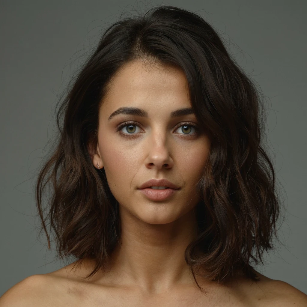 A portrait of naomi_scott with wavy, shoulder-length brown hair. She has striking blue eyes and a neutral expression. The background is a muted gray, contrasting with her warm tones. Soft lighting illuminates her face and hair, highlighting her features without harsh shadows. The image style is contemporary, emphasizing the subject's natural beauty and elegance.