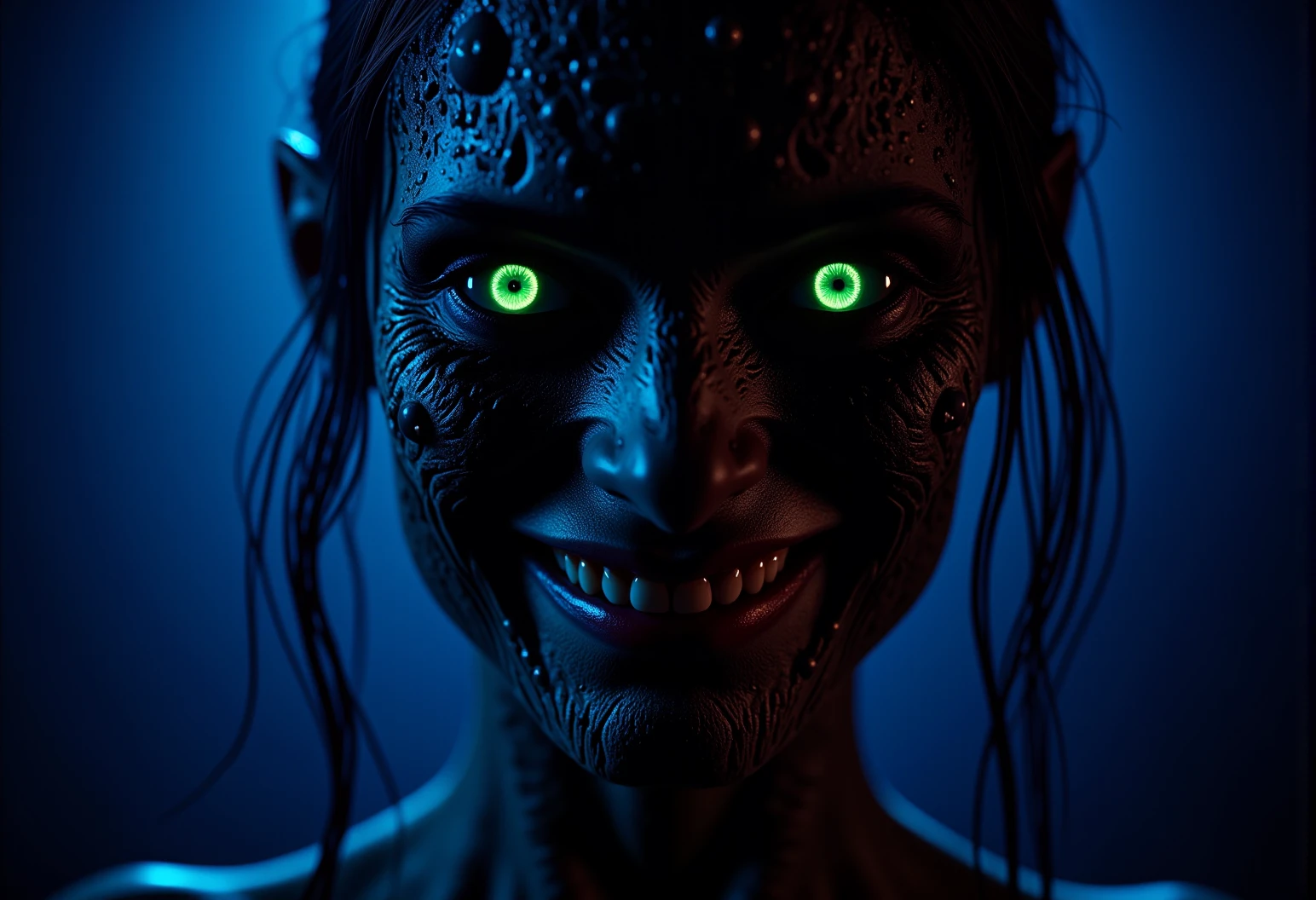 . A close-up shot of a infernal temptress, seen from the front with an intense focus on her glowing eyes and sinister smile, her eyes glowing with a cold, unsettling green light, filled with malice, her skin showing an uneven, gritty texture, with deep pores and small areas that look almost charred, lit by an eerie blue underlight that makes her features appear almost skeletal, <lora:bv-demonic-skin-runes.safetensors:0.7000000000000001:0.7000000000000001>