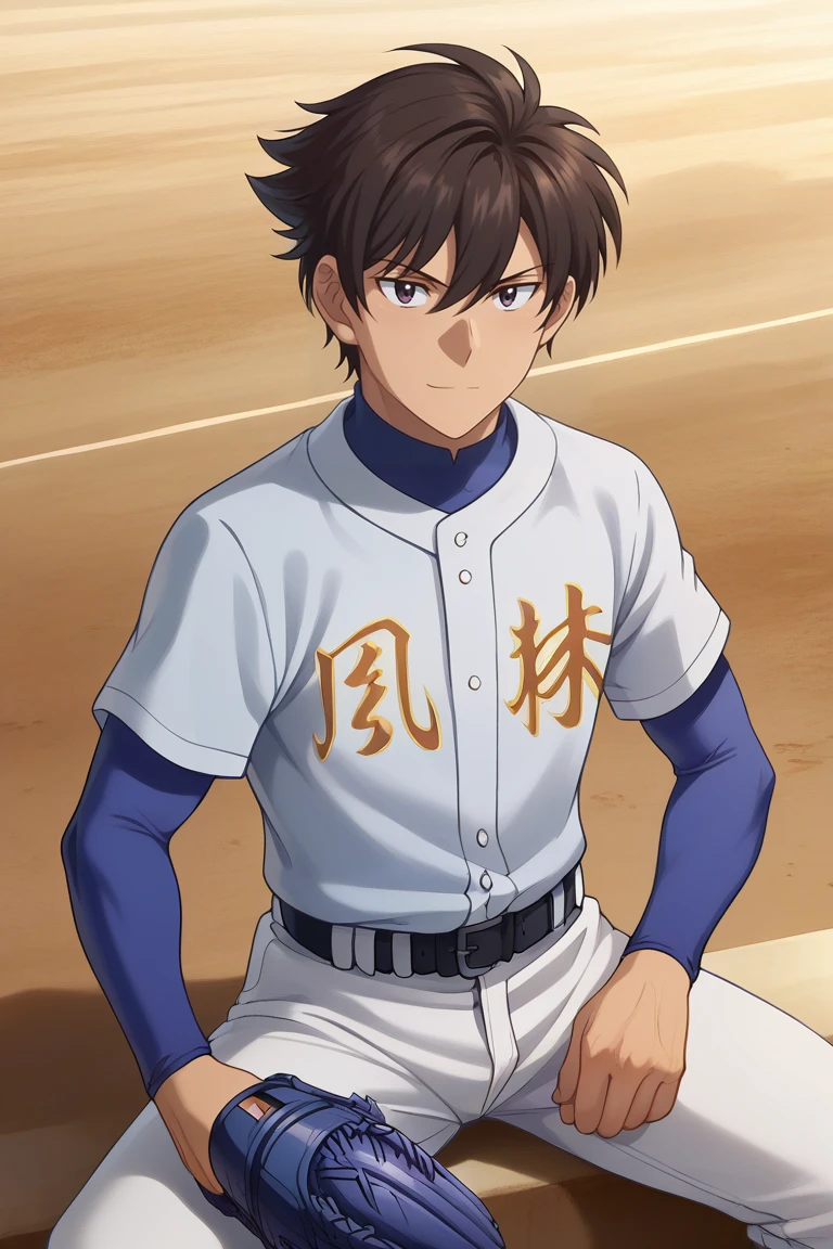 zPDXL2,<lora:Akira_Nishina:1>,akira nishina,1boy,male focus,solo,baseball uniform,white pants,smile,pants,baseball mitt,looking at viewer,sitting,holding,shirt,closed mouth,belt,white t-shirt,shade,pitching,blue turtleneck,short over long sleeves,anime screenshot,