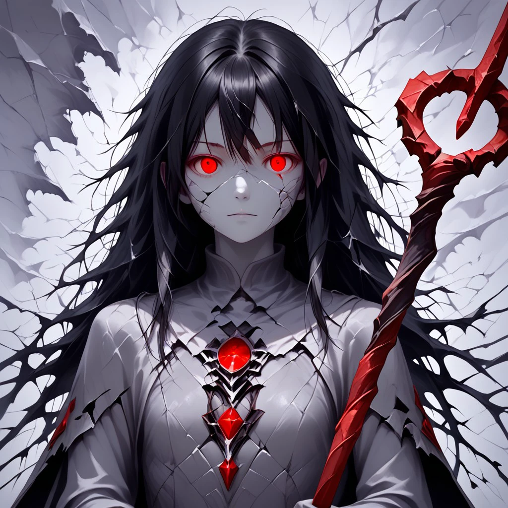 (masterpiece), best quality, Drestoria Style, (Realistic Style, Semi-Realistic), (expressive eyes, Red Eyes, perfect face, 1girl, (Cracked Skin, Grey Skin), Black Hair, Mage Robes, (Holding a Staff)), (White Void, Lucid Void), <lora:521f6c51-ff44-4223-b2e2-91b411364e20:1.0>