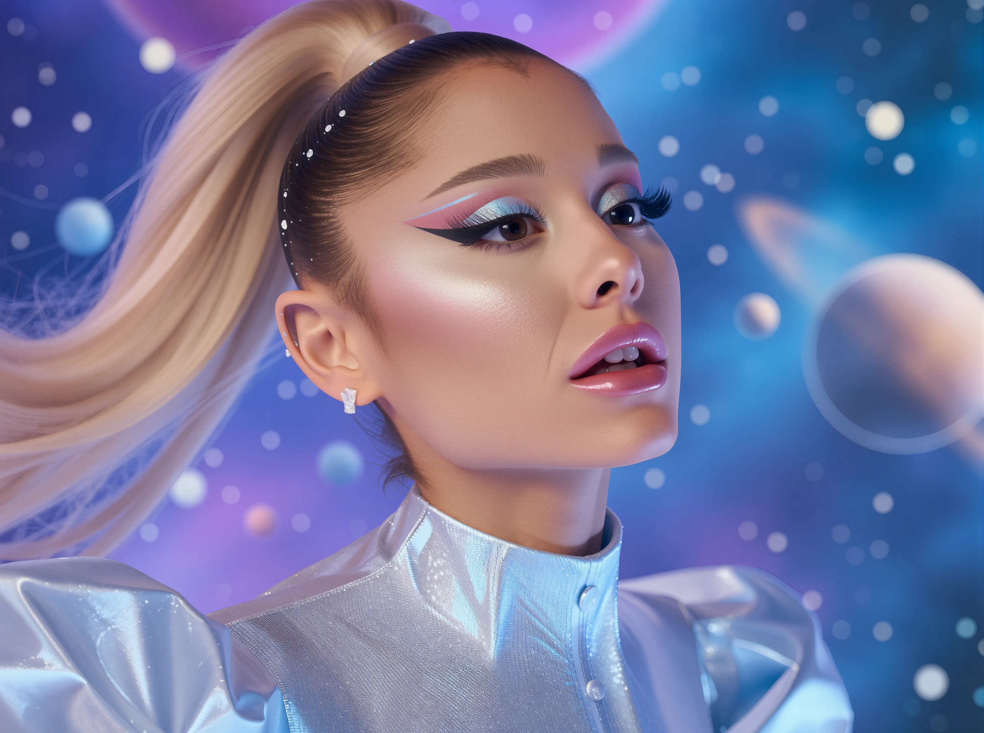 Closeup of Ariana Grande in a cosmic setting, stars twinkling in the background as nebulas of purple and blue swirl around her. Her face glows with an otherworldly radiance, her makeup shimmering with iridescent highlights. Her high ponytail flows like stardust, blending into the cosmic backdrop. The space-themed scene, with swirling galaxies and glowing planets, adds a futuristic, ethereal quality, making her look like a celestial goddess.

masterpiece, sharp, high resolution, extreme details
