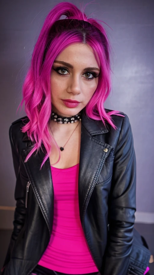 photo of my girlfriend wearing a short black leather jacket and a pink shirt, is wearing emo goth makeup in a portrait shot on a Hasselblad H3D-39, <lora:dr.ilaydasimaygul_proyect:1> (dr.ilaydasimaygul),