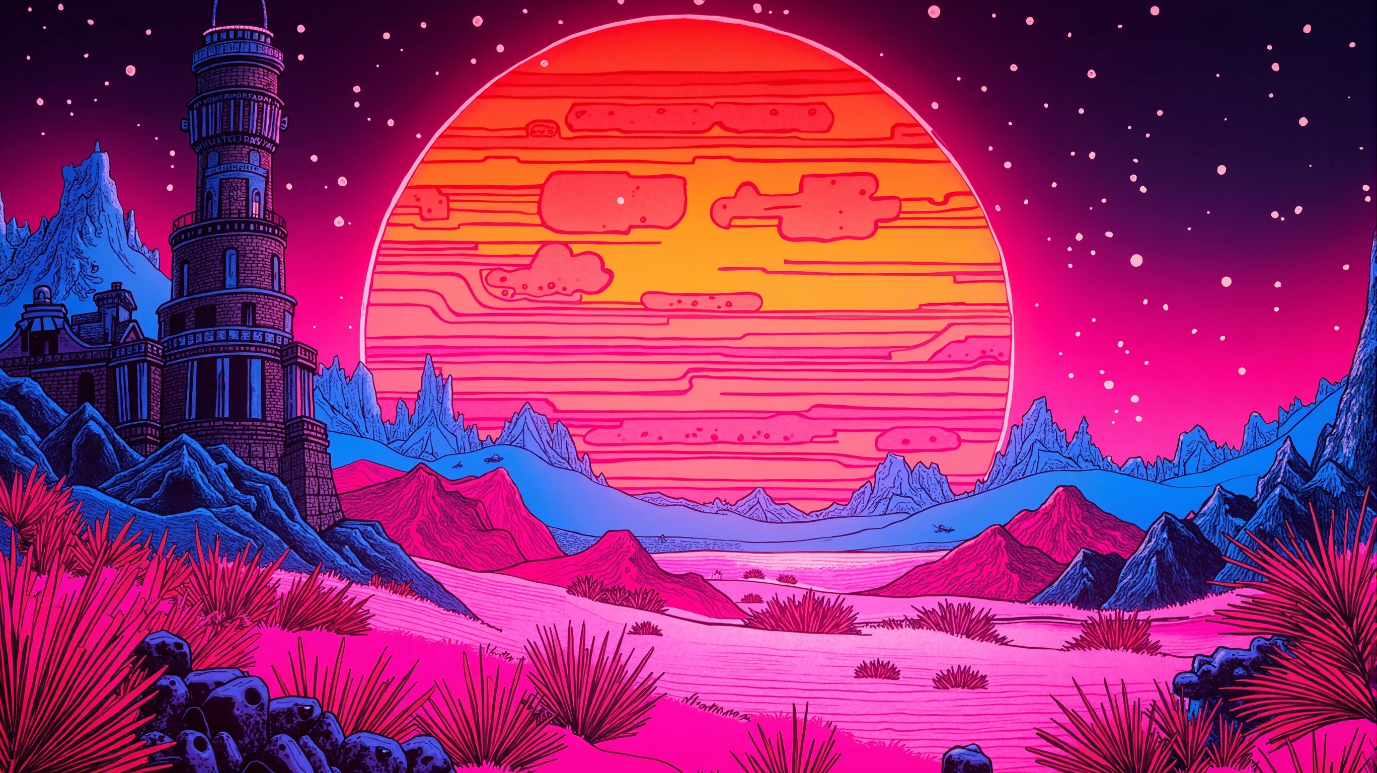 nescrip, neonwave sun dawn, vector landscape