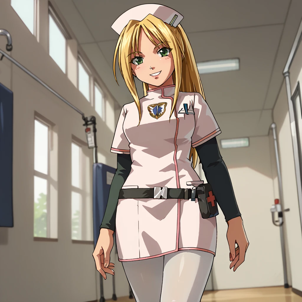 score_9, score_8_up, score_7_up, 1girl, solo, uncensored, angelathompson, smile, looking at viewer, dutch angle, blonde hair, green eyes, nurse cap, white nurse uniform, black sleeves, white pantyhose, indoors, hospital, hallway, window <lora:AngelaThompsonXL_v1.0:1>