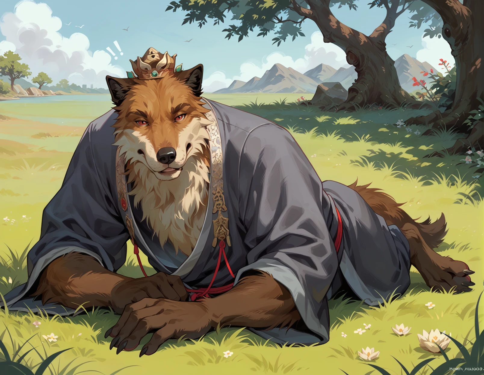 xudog, dog, score_9, score_8_up,  anthro, solo, male, grey robe, red string accessory, lotus hair bun, bedroom eyes, curious, looking aside, surprise, on front, looking at viewer, red eyes, fluffy tail, leaning on elbow, grass, plant, digitigrade, fluffy tail,  <lora:BlackMythXuDog_1.0.4:1>