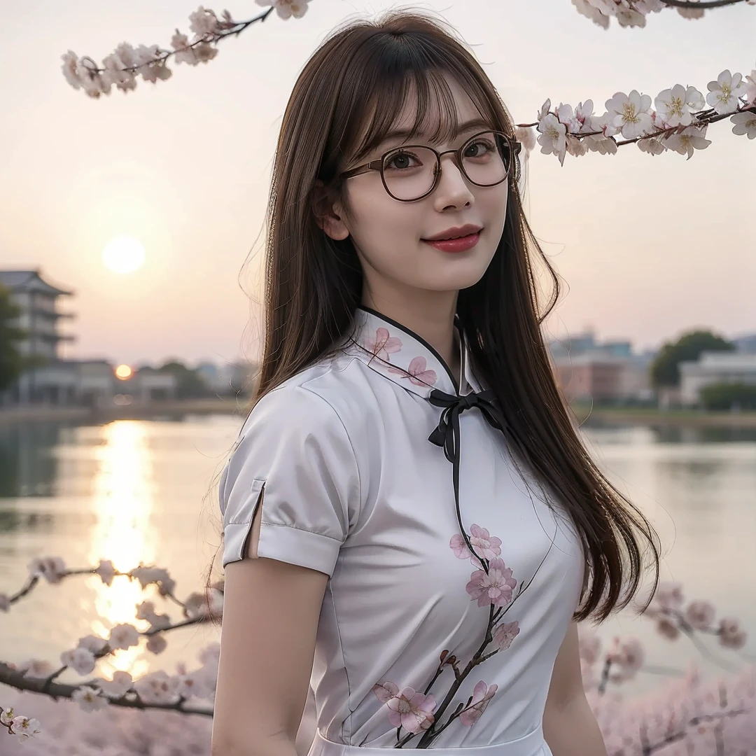 1girl,solo,long hair,bangs,brown hair,((black-framed eyewear)),nose,smile,china dress,qipao,(looking at viewer),outdoors,((sunset)),nature,(cherry blossoms),blurry,((realistic,reality)),Highly detailed,(ultra-detailed),(best quality,masterpiece:1.5),<lora:JAV-Akari(SD1.5):0.55>,