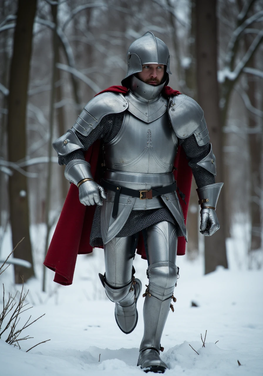 Historical Full Plate Armor, This photograph features a man dressed in elaborate, shiny silver armor, running in a snowy forest. The armor is medieval in style, complete with a helmet, shoulder guards, breastplate, gauntlets, and greaves, all reflecting the light, giving it a metallic sheen. The armor is adorned with intricate details, including a chainmail skirt and a red cloak draped over the shoulders and back, helmet visor closed,  dramatic epic scene, mist and smoke, cinematic, dramatic lighting. dramatic epic scene, mist and smoke, cinematic, dramatic lighting, dramatic epic scene, mist and smoke, cinematic, dramatic lighting
  <lora:Historical_Full_Plate_Armor-000007:0.8>  <lora:FluxDFaeTasticDetails:0.6> <lora:detailed photorealism style v3:0.6>