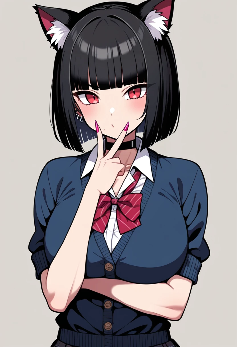 masterpiece, best quality, good quality,
1girl, hime cut, short hair, black hair, red eyes, animal ears, gyaru, front view, v-sign, school uniform,